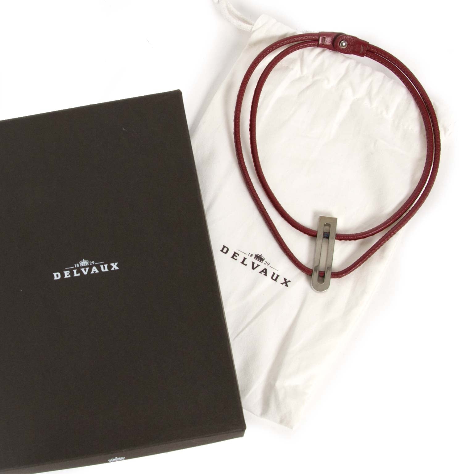 delvaux red leather d necklace now for sale at labellov vintage fashion webshop belgium