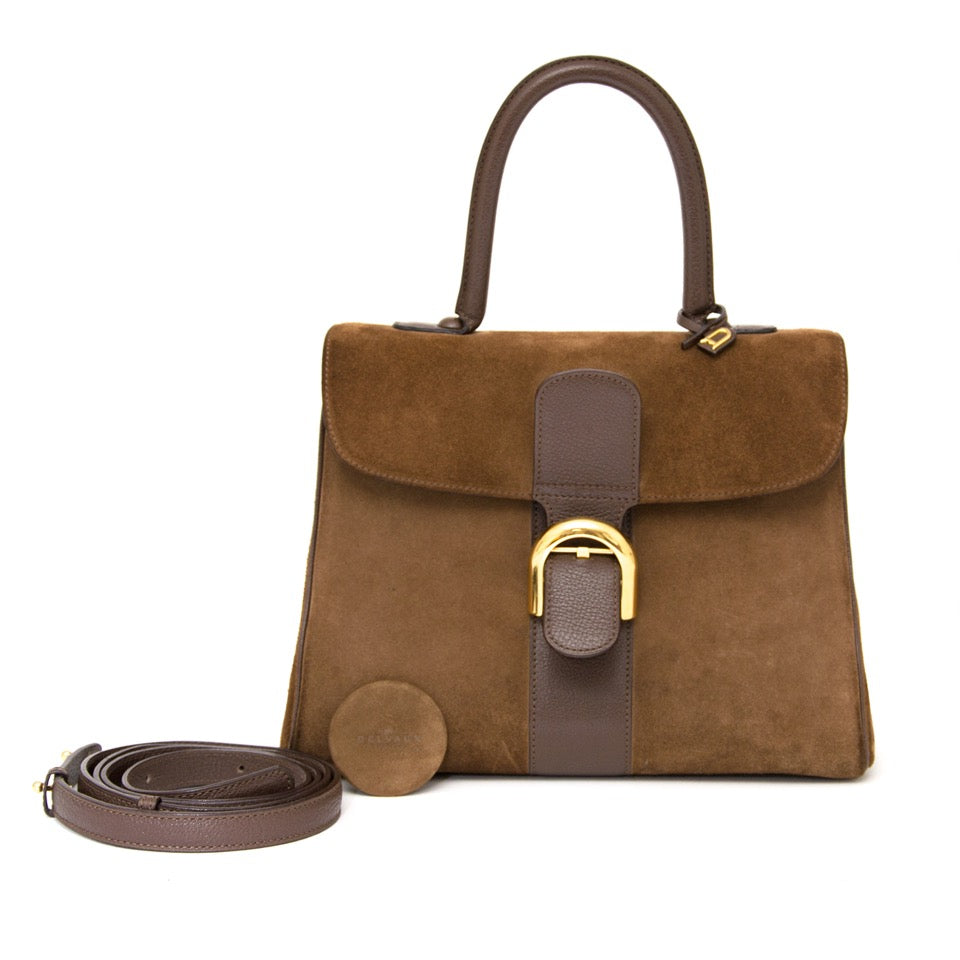 worldwide shipping secondhand designer luxury Rare Delvaux Brillant Suede Chocolate Colour with Gold Hardware + Strap