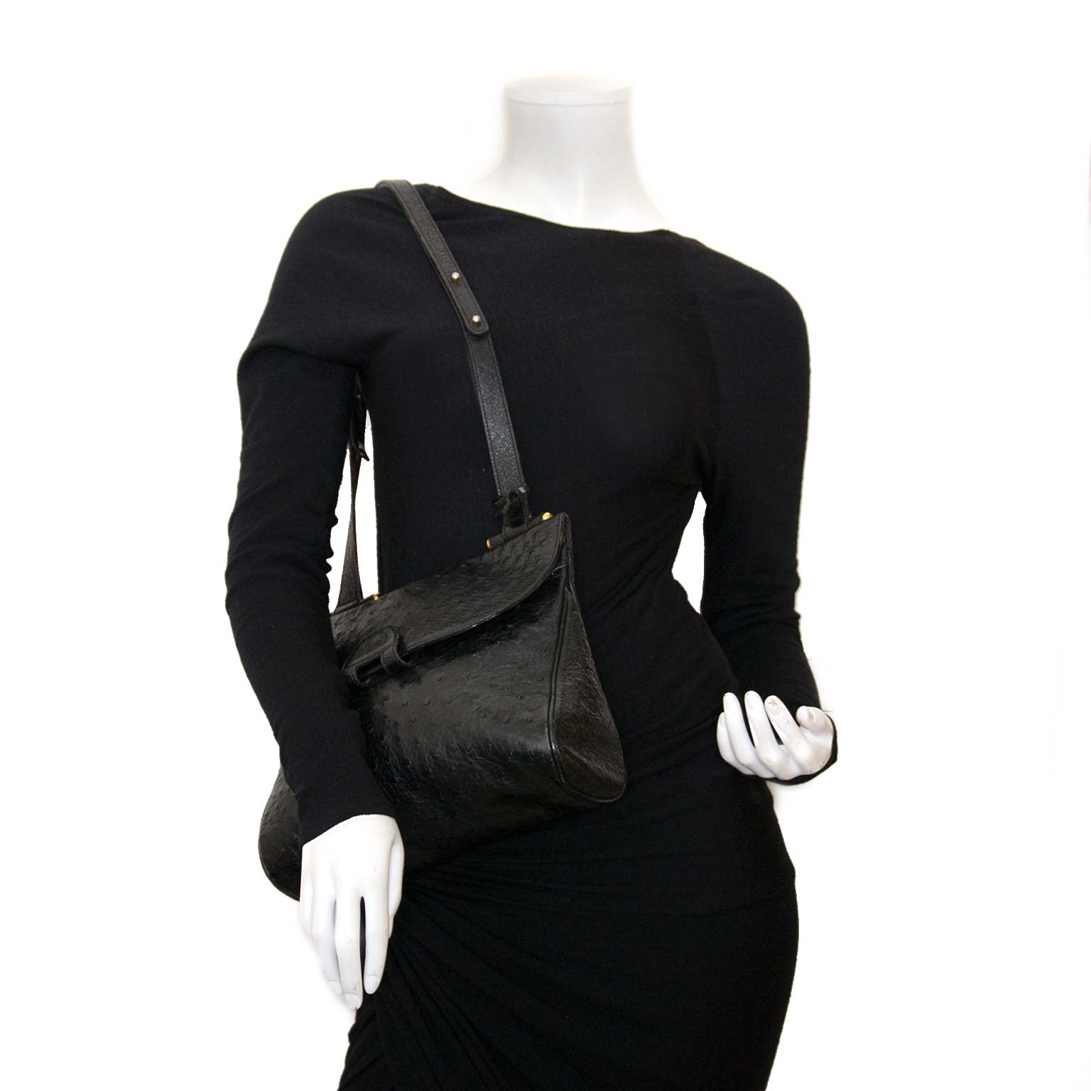 delvaux black ostrich chablis shoulder bag now for sale at labellov vintage fashion webshop belgium
