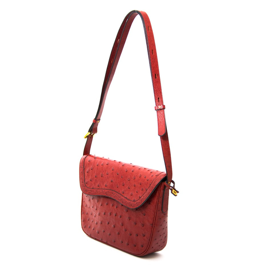 op zoek naar een designer handtas? Koop Delvaux Red Autruche Shoulder Bag aan de beste prijs
