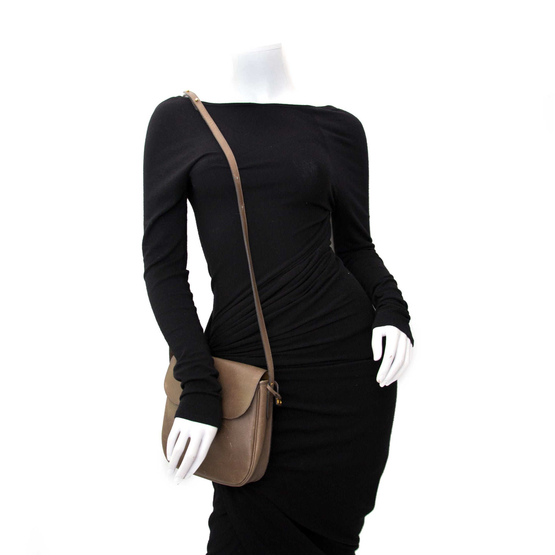 Vintage designer items for sale, Delvaux taupe crossbody bag, worldwide shipping and safe shopping.