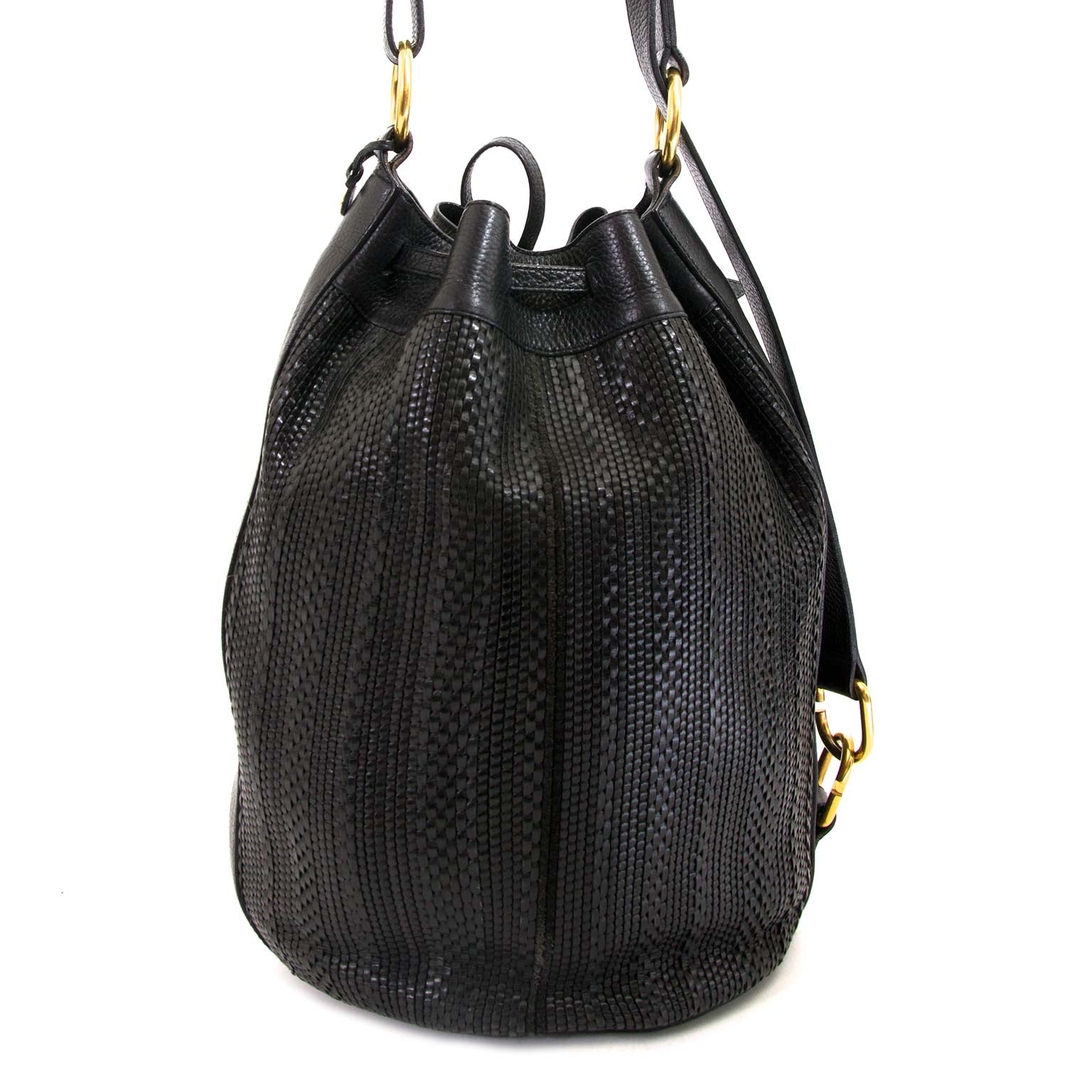 Delvaux Black Toile De Cuir Drawstring Bucket Bag now for sale at labellov vintage fashion webshop belgium