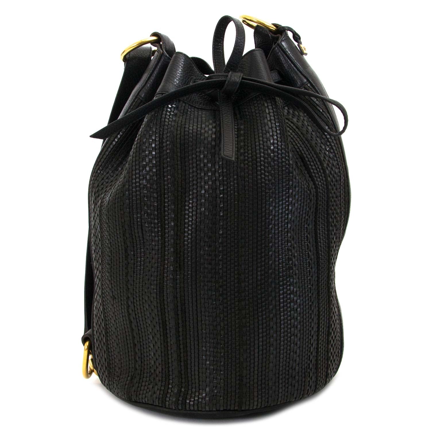 Delvaux Black Toile De Cuir Drawstring Bucket Bag now for sale at labellov vintage fashion webshop belgium