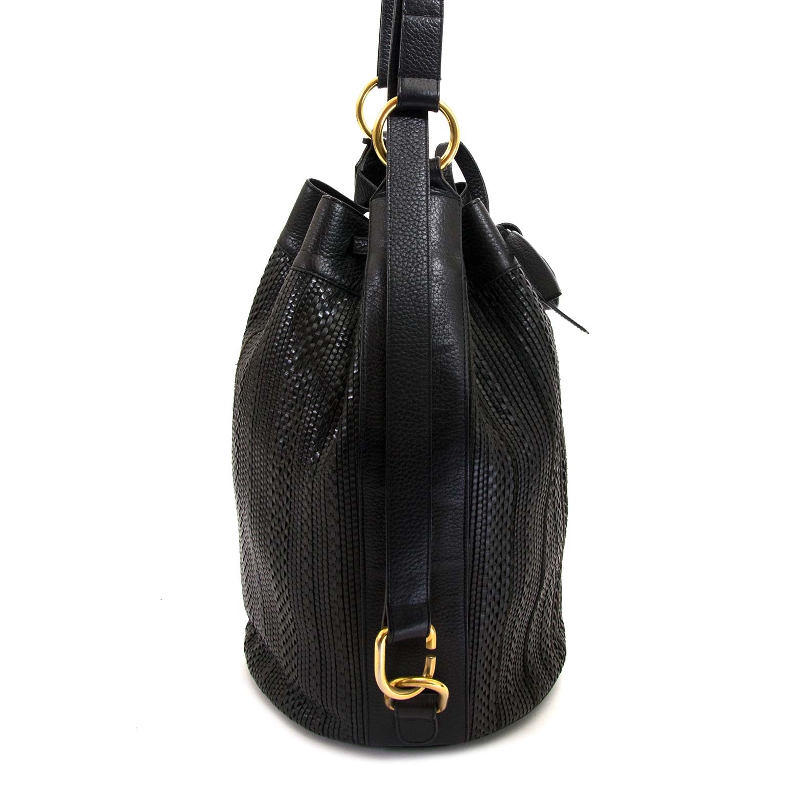 Delvaux Black Toile De Cuir Drawstring Bucket Bag now for sale at labellov vintage fashion webshop belgium