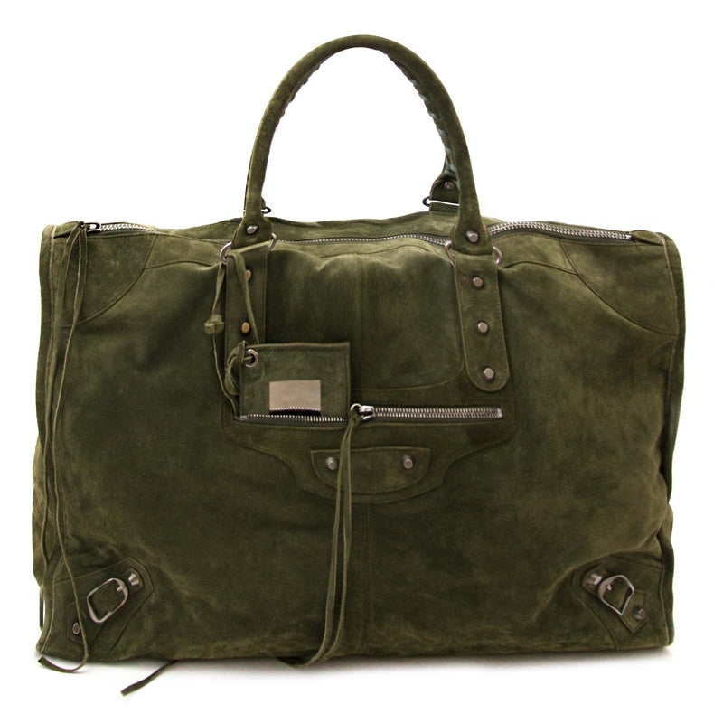 balenciaga khaki suede city weekender bag now for sale at labellov vintage fashion webshop belgium