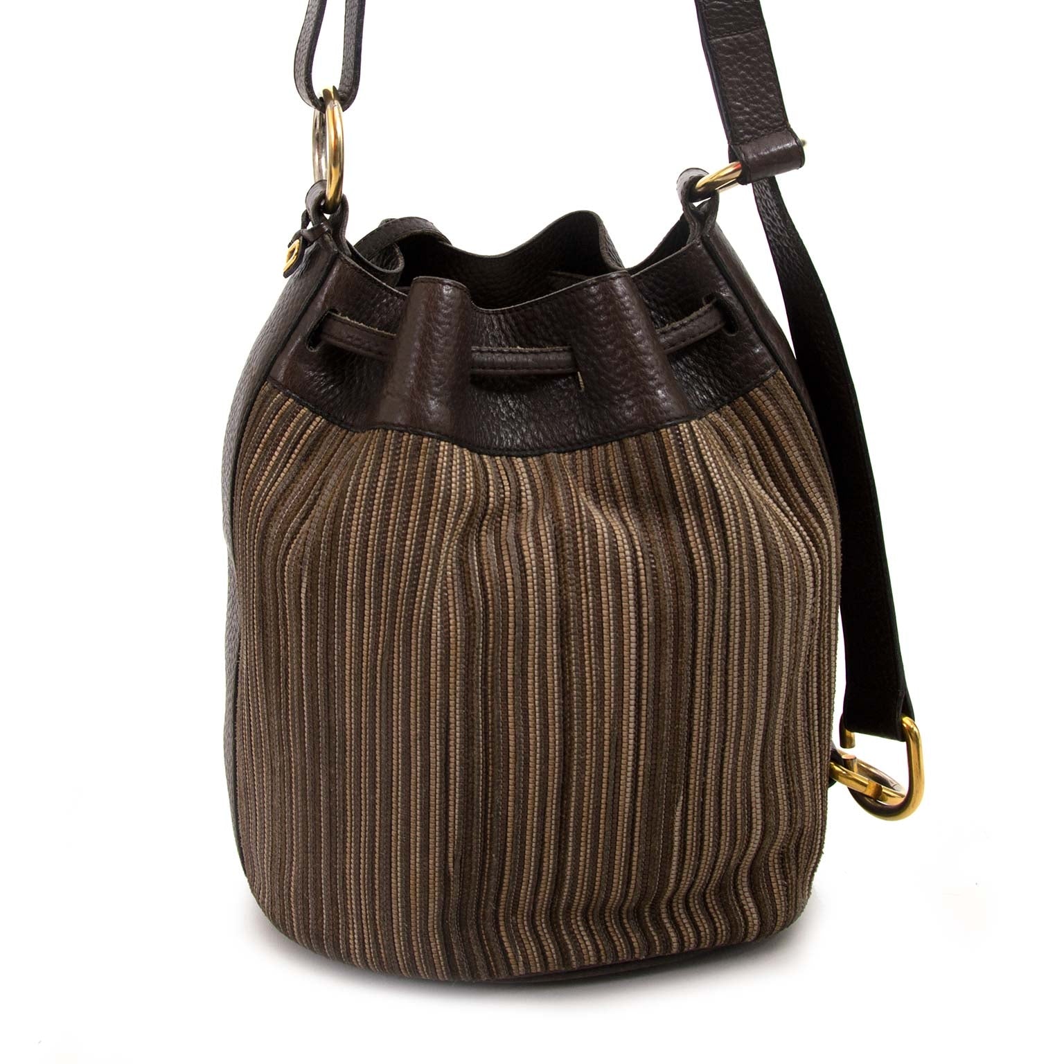 delvaux beige toile de cuir drawstring bucket bag now for sale at labellov vintage fashion webshop belgium
