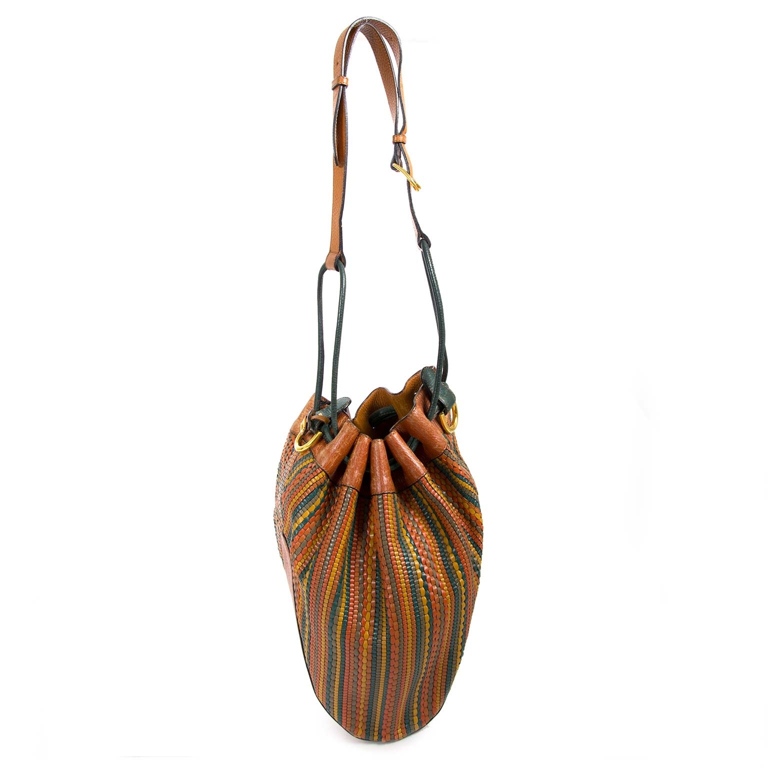 delvaux brown multicolor toile de cuir bucket bag now for sale at labellov vintage fashion webshop belgium