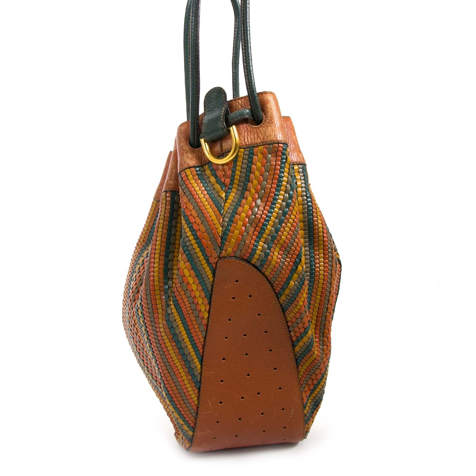 delvaux brown multicolor toile de cuir bucket bag now for sale at labellov vintage fashion webshop belgium