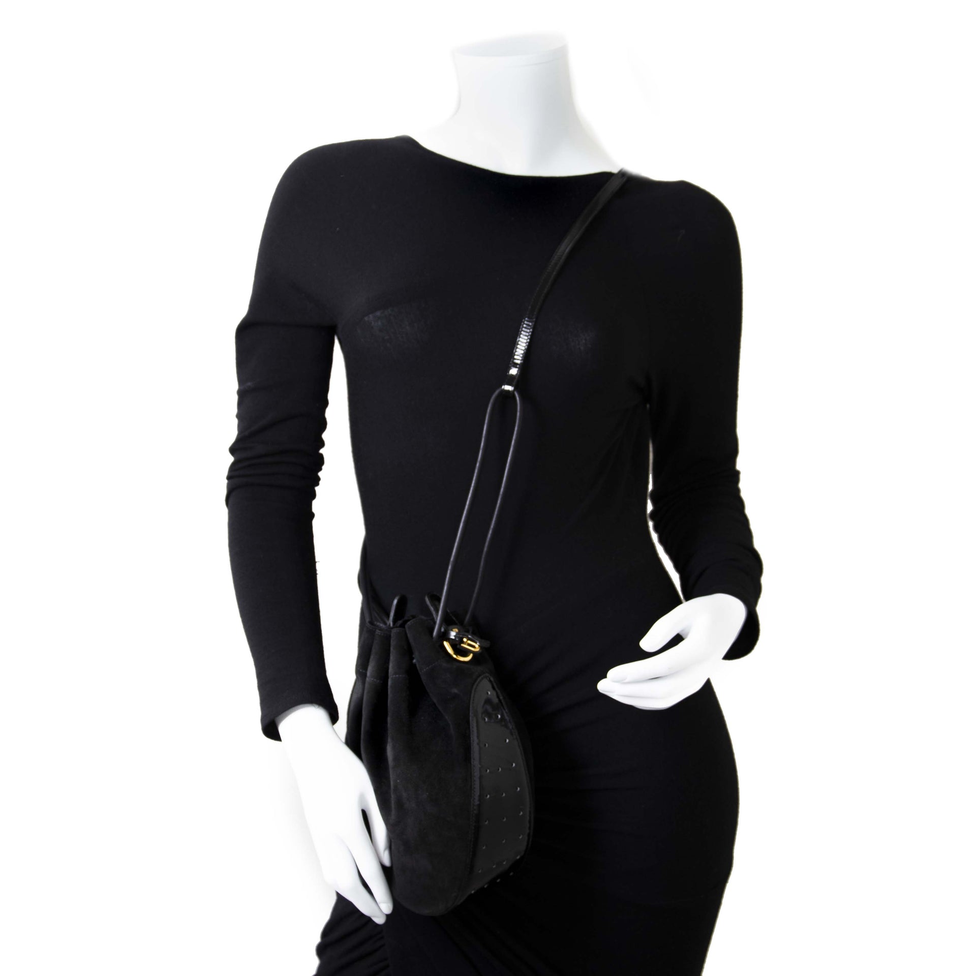 Delvaux Black Suede And Patent Bucket Bag now for sale at labellov vintage fashion webshop belgium