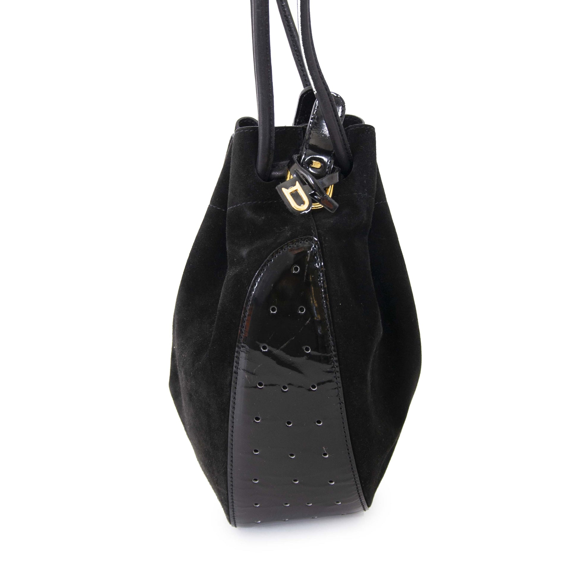 Delvaux Black Suede And Patent Bucket tas nu te koop bij labellov vintage mode webshop belgië