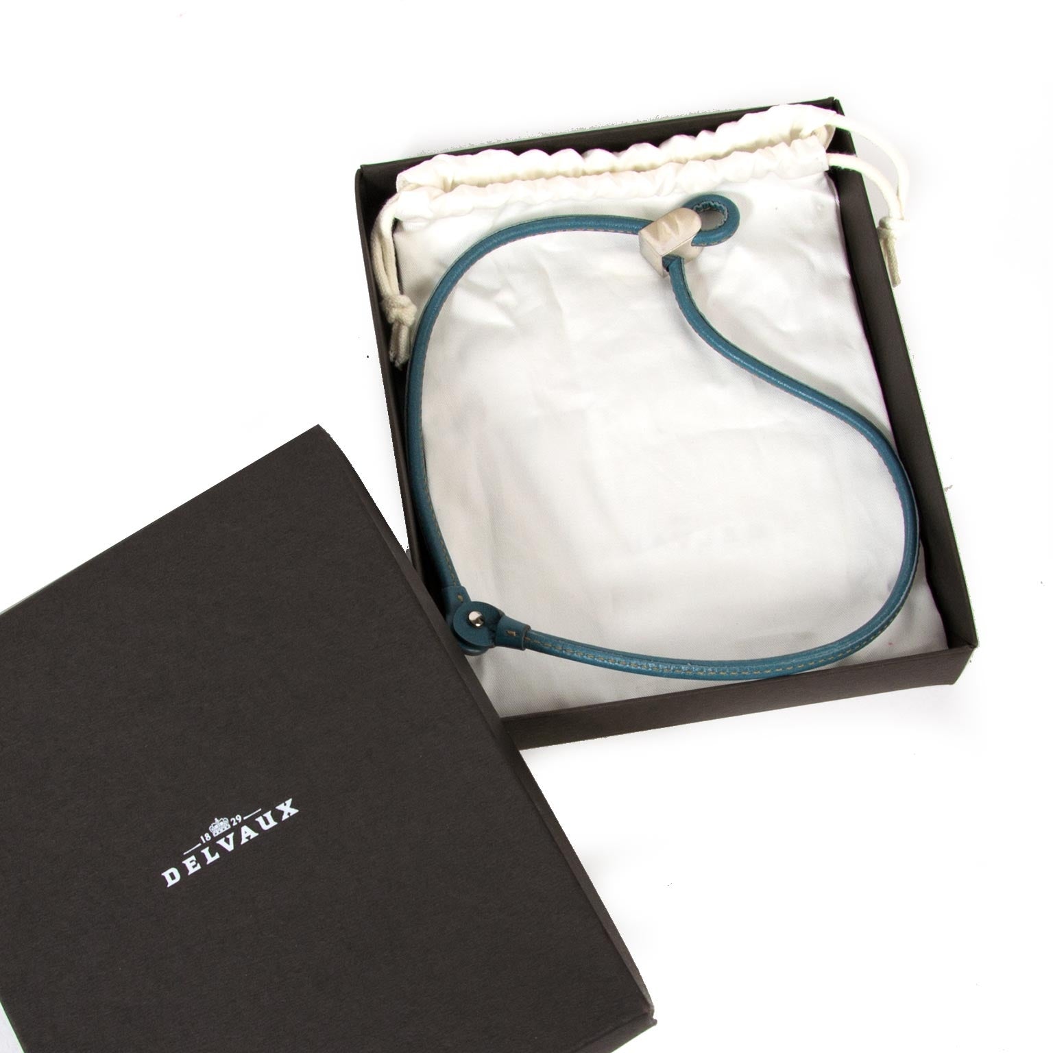 delvaux blue leather necklace now for sale at labellov vintage fashion webshop belgium