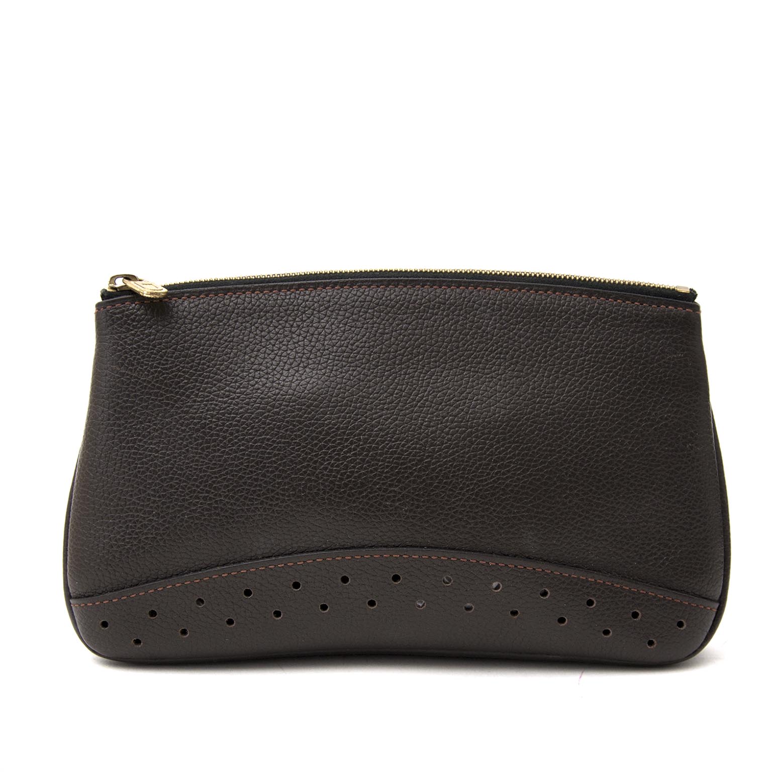 Delvaux Brown Pebbled Leather Pouch for sale online at Labellov