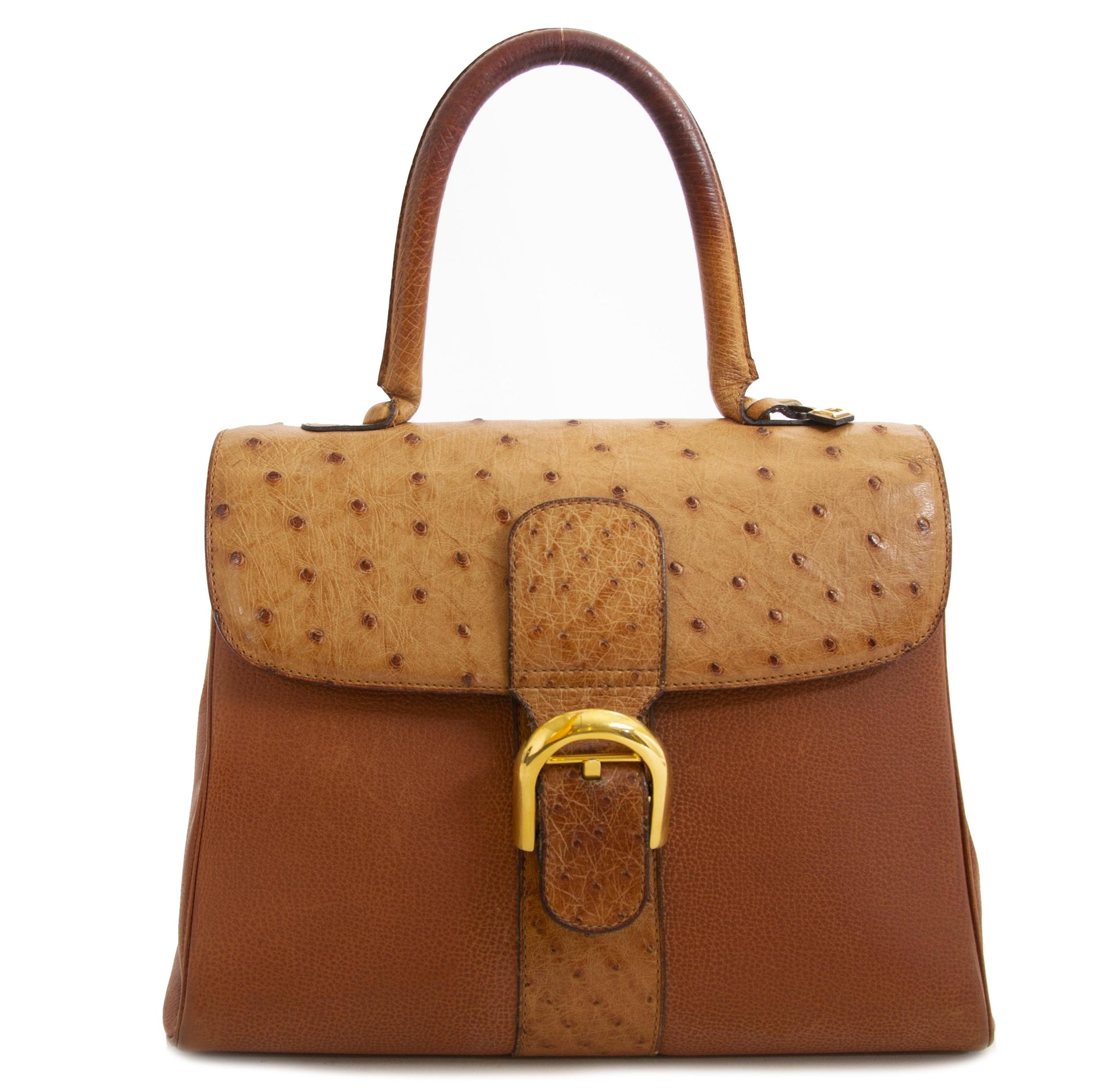 Delvaux Brillant Cognac Ostrich MM Bag now for sale at labellov vintage fashion webshop belgium for the lowest price