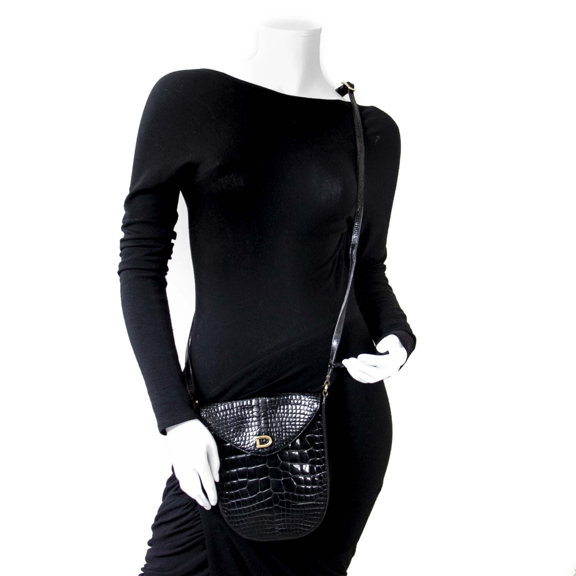 Delvaux Black Croco Violette Crossbody Bag now for sale at labellov vintage fashion webshop belgium