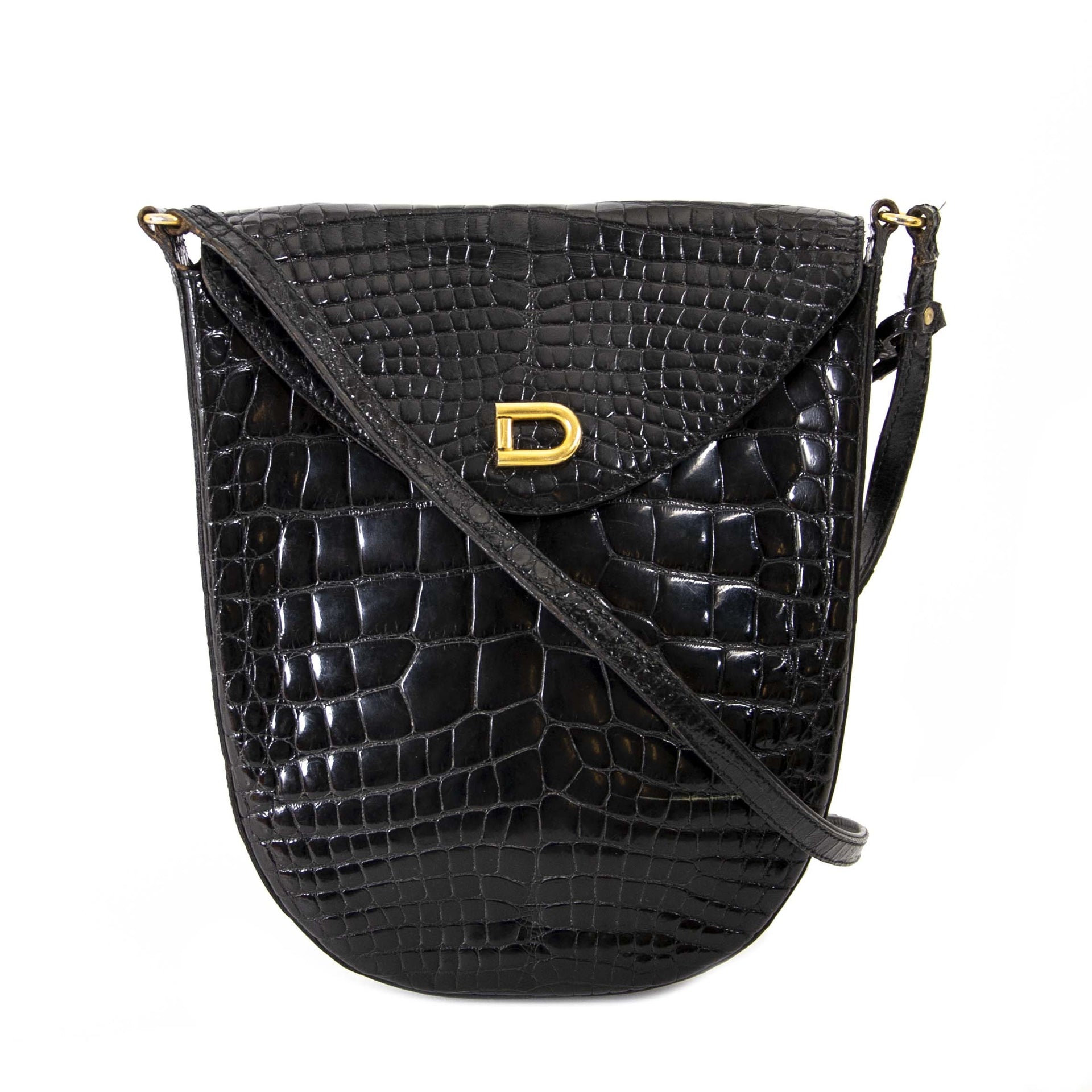 Delvaux Black Croco Violette Crossbody Bag now for sale at labellov vintage fashion webshop belgium