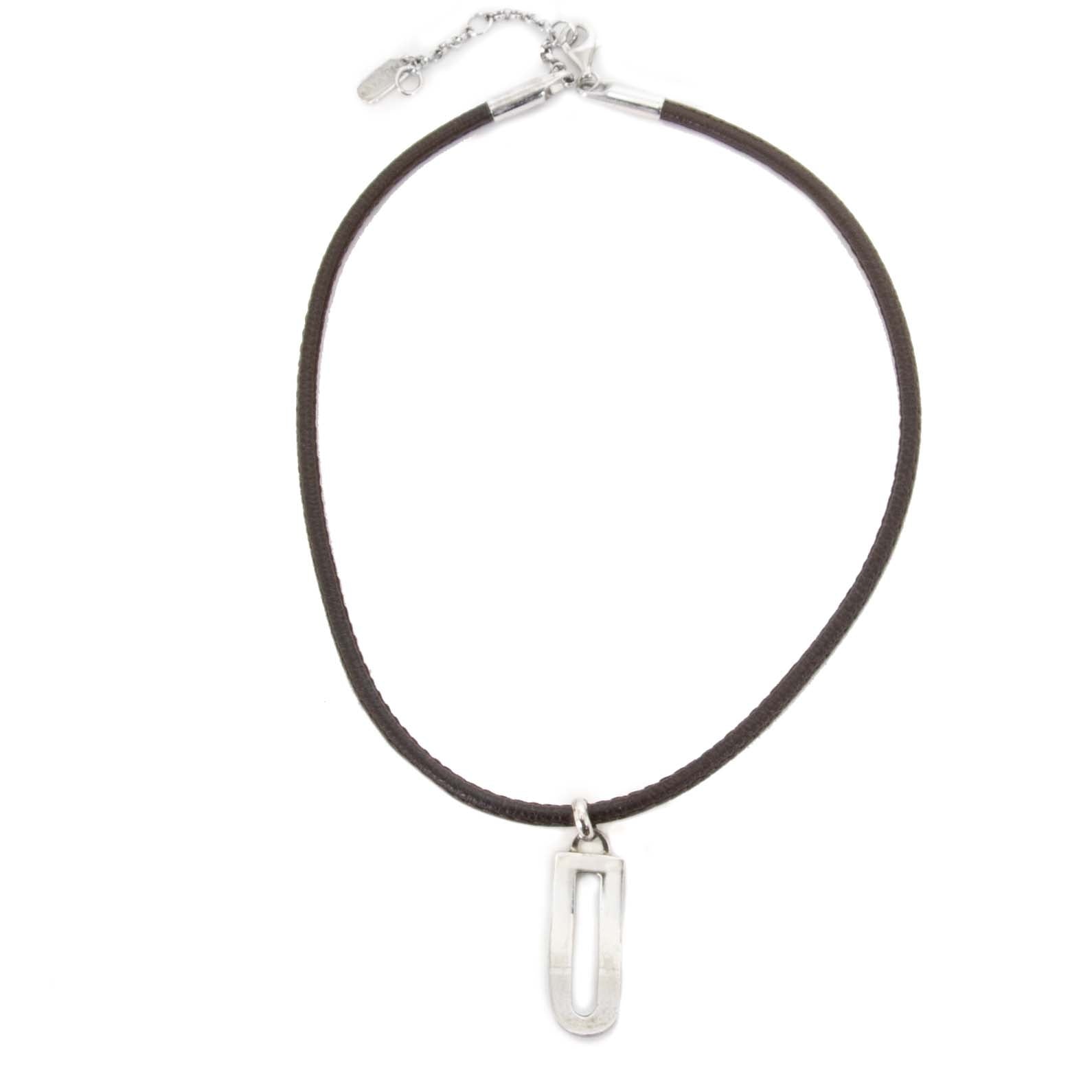 Delvaux Brown Leather Silver D Necklace now for sale at labellov vintage fashion webshop belgium