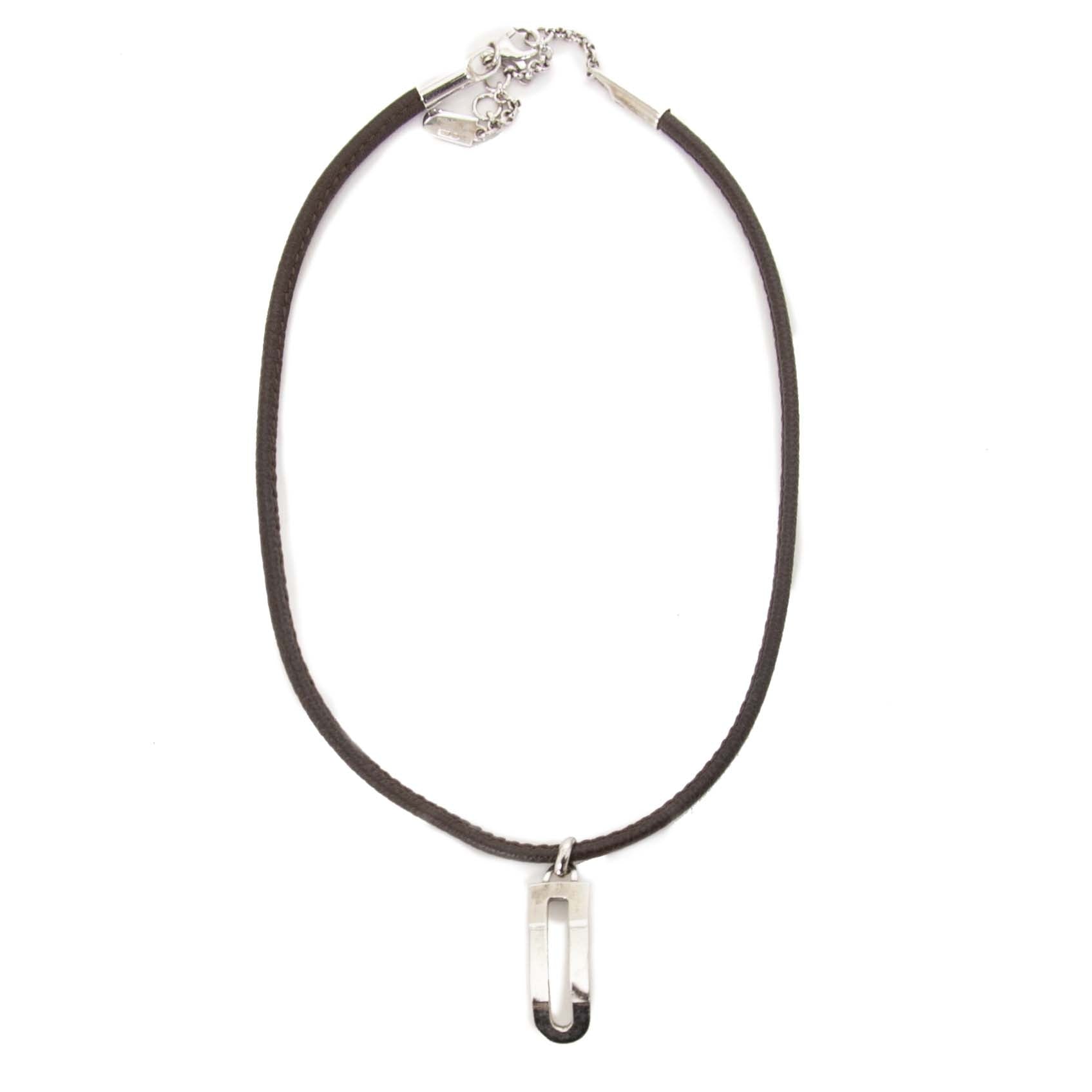 Delvaux Brown Leather Silver D Necklace now for sale at labellov vintage fashion webshop belgium
