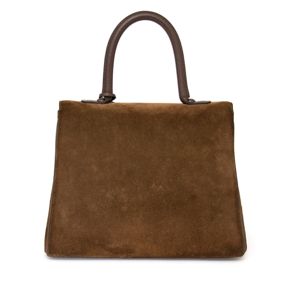 acheter en ligne pour le meilleur prix sac a main Rare Delvaux Brillant Suede Chocolate Colour with Gold Hardware + Strap