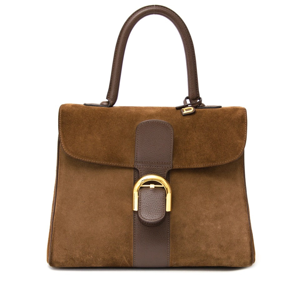 koop online aan de beste prijs net als nieuw Rare Delvaux Brillant Suede Chocolate Colour with Gold Hardware + Strap boetiek en webshop antwerpen