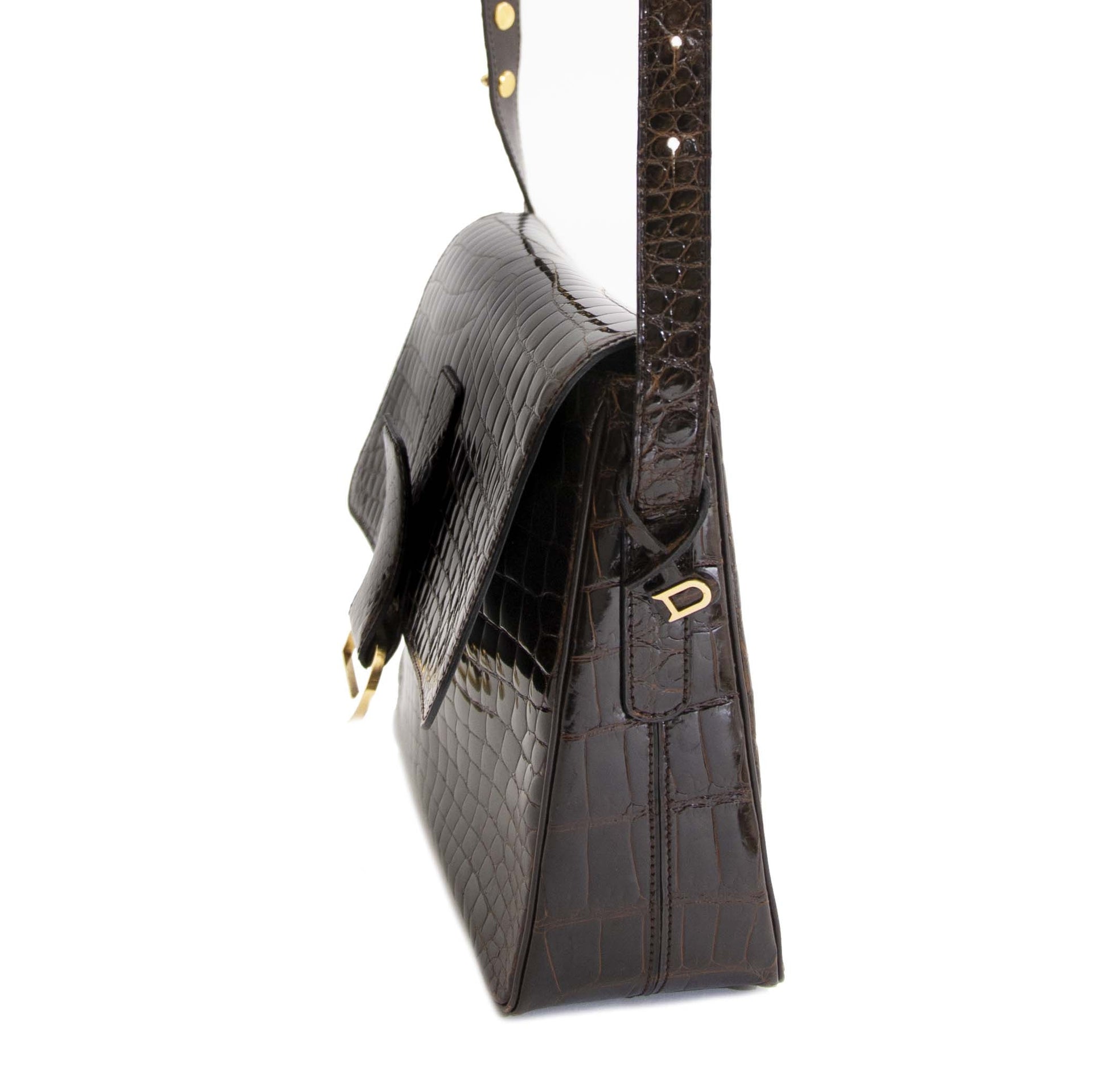 Authentique seconde main Delvaux Dark Brown Croco Passerelle Shoulder Bag achète en ligne webshop LabelLOV