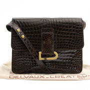 Authentic second hand vintage Delvaux Dark Brown Croco Passerelle Shoulder Bag buy online webshop LabelLOV
