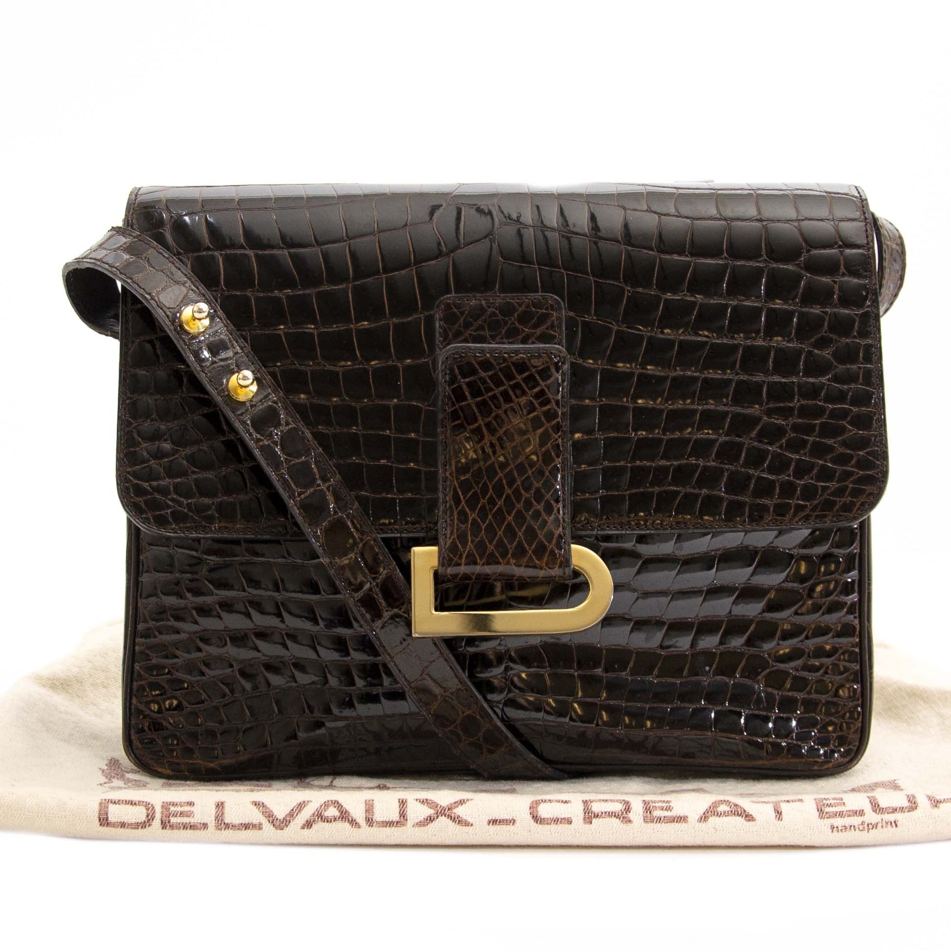 Authentic second hand vintage Delvaux Dark Brown Croco Passerelle Shoulder Bag buy online webshop LabelLOV