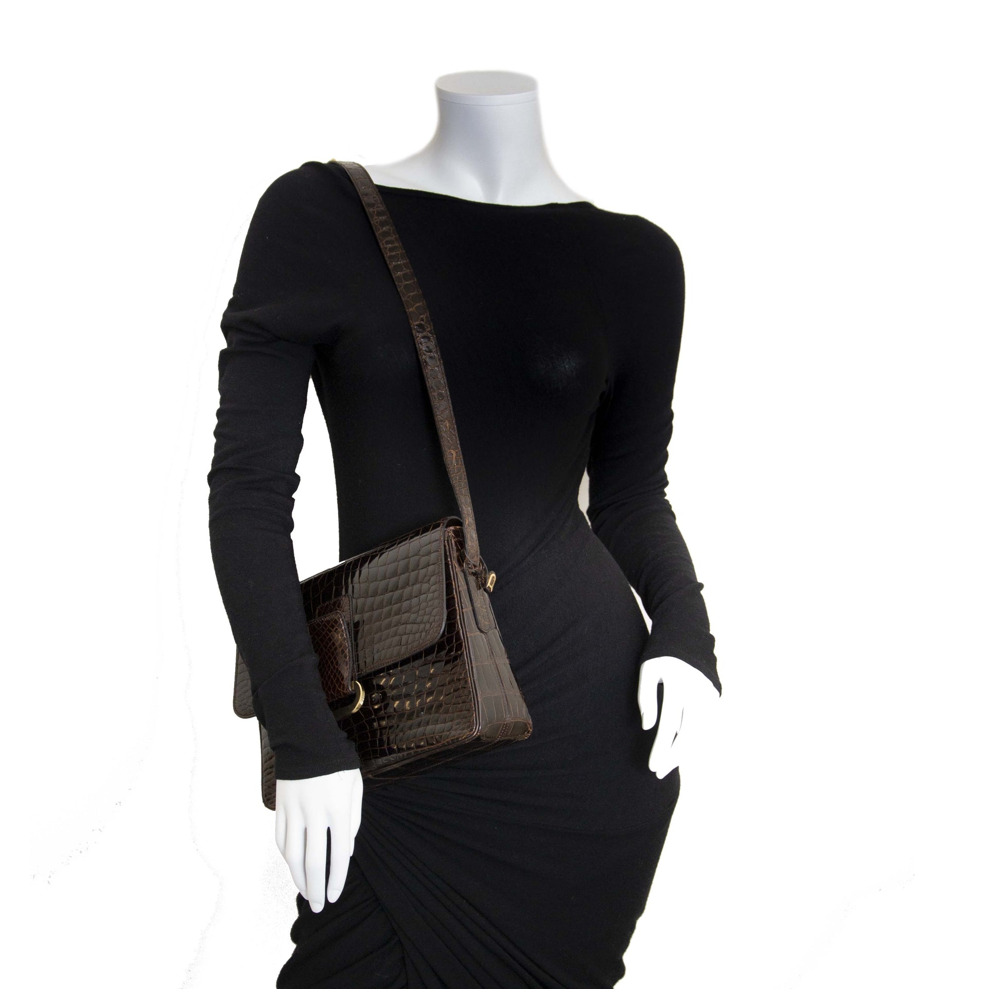 Authentique seconde main Delvaux Dark Brown Croco Passerelle Shoulder Bag achète en ligne webshop LabelLOV
