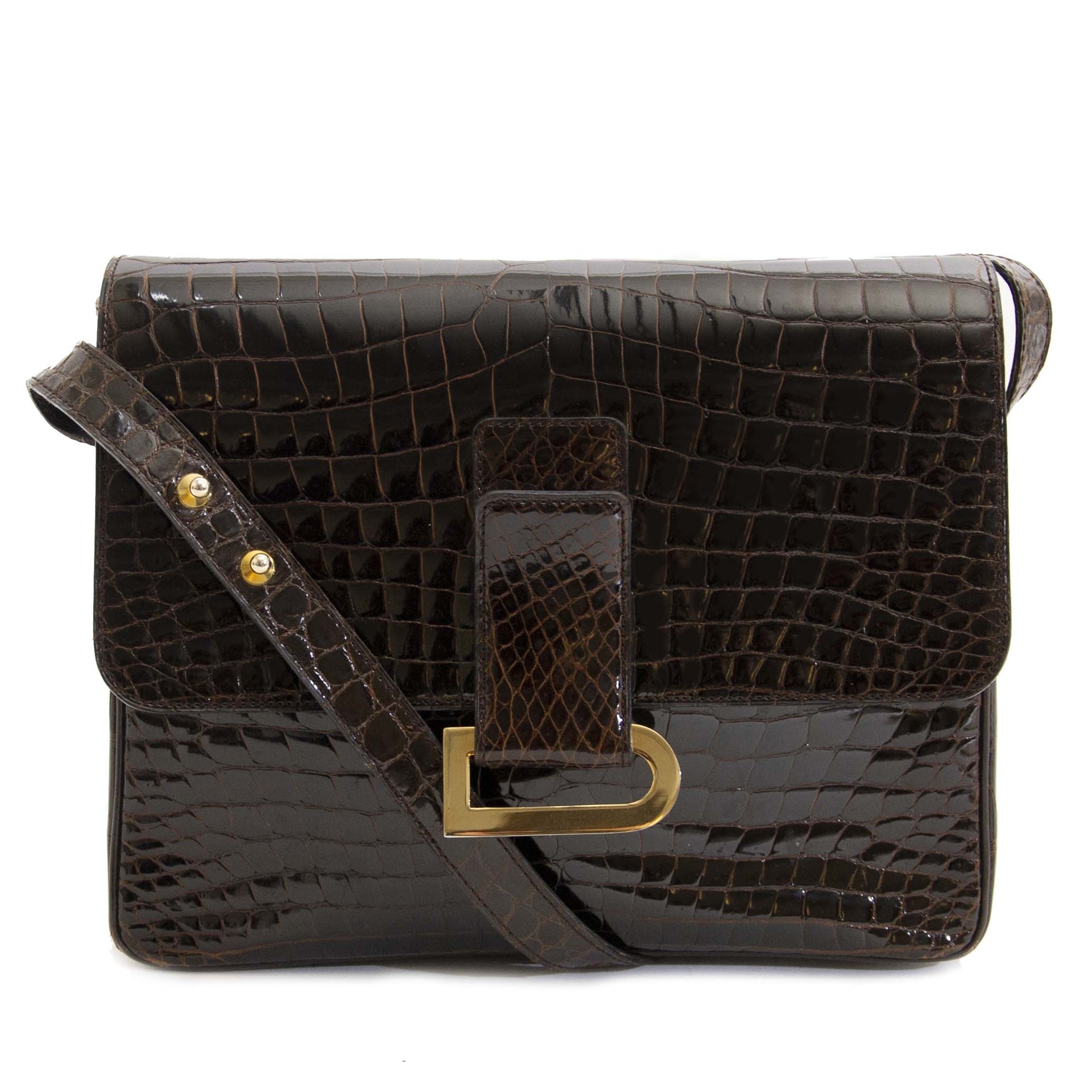 Authentieke tweedehands vintage Delvaux Dark Brown Croco Passerelle Shoulder Bag koop online webshop LabelLOV