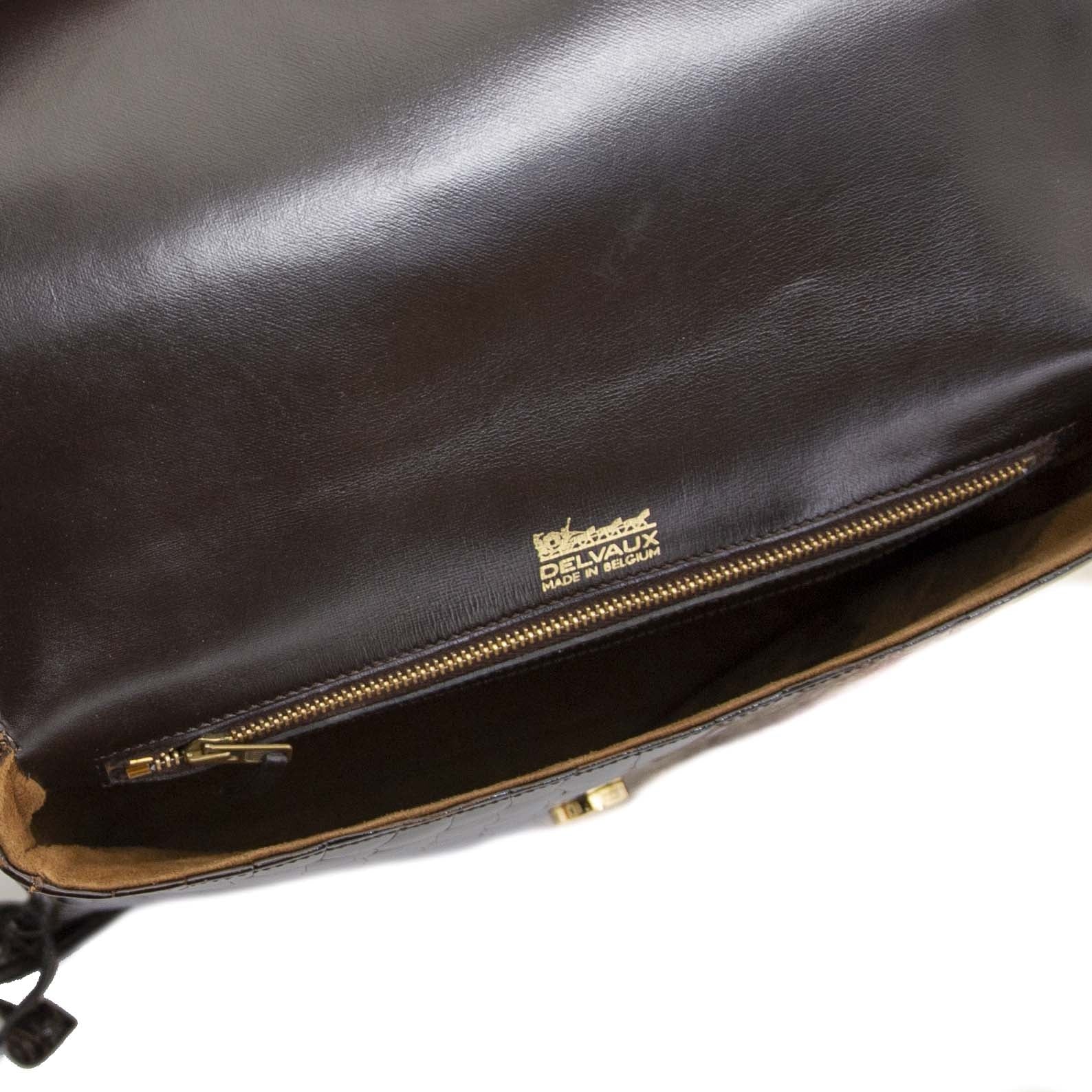 Authentic second hand vintage Delvaux Dark Brown Croco Passerelle Shoulder Bag buy online webshop LabelLOV