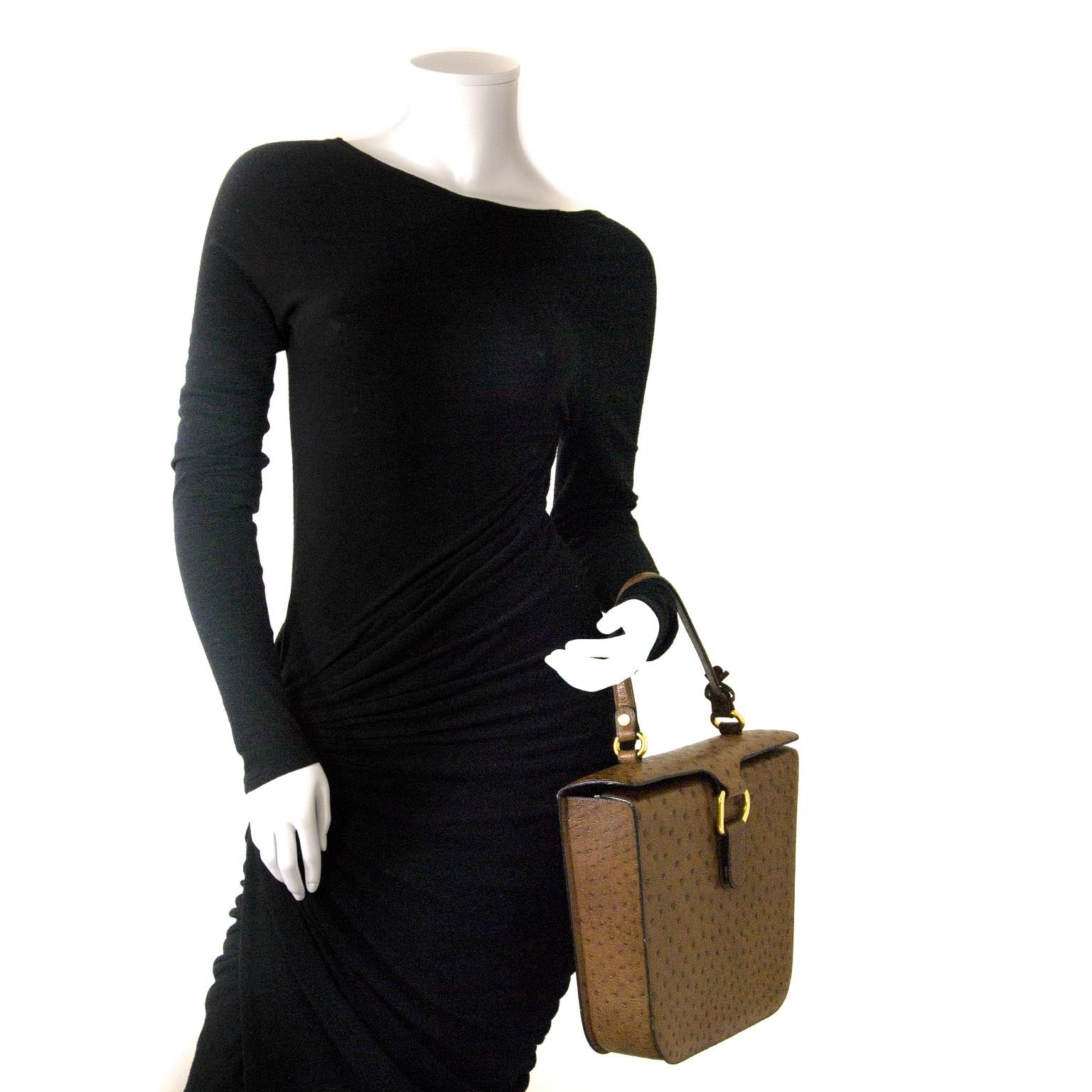100% authentique Delvaux Brown Ostrich Top Handle Bag