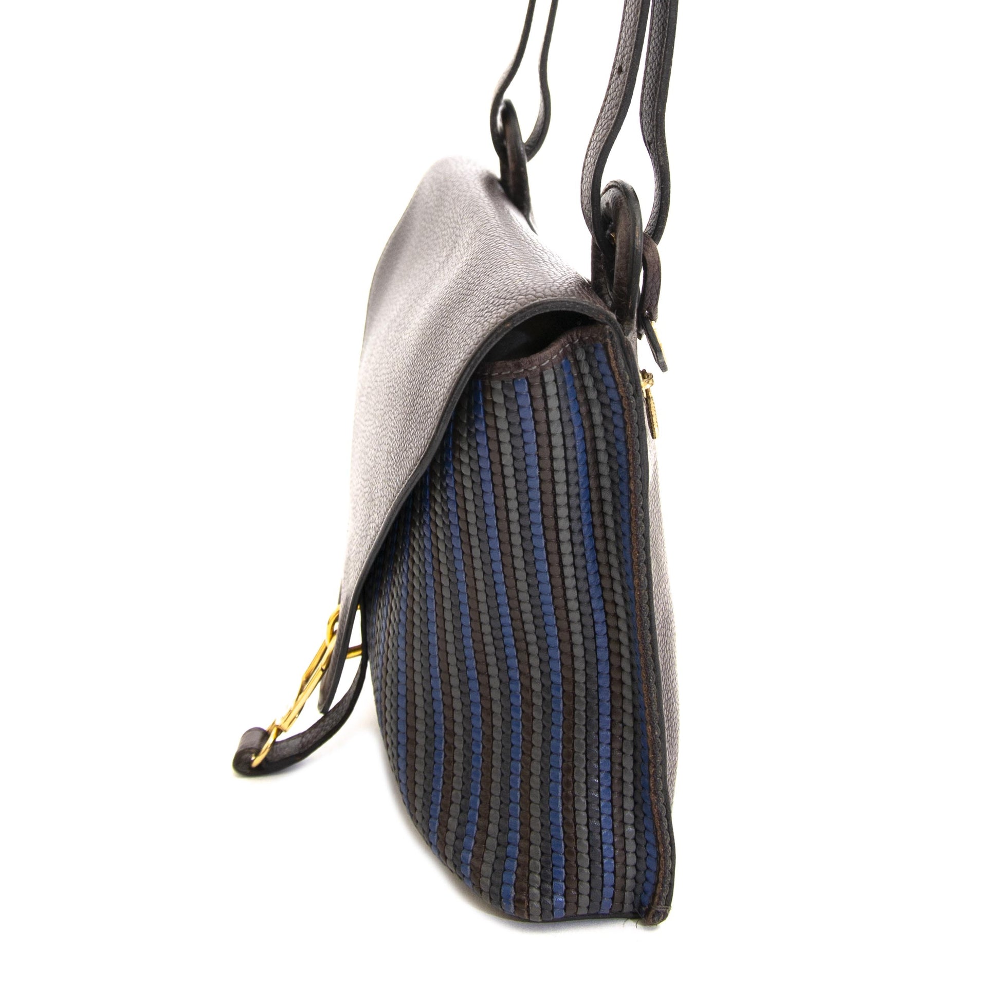 Delvaux Brown And Blue Goutte GM Toile De Cuir Shoulder Bag now for sale at labellov vintage fashion webshop belgium