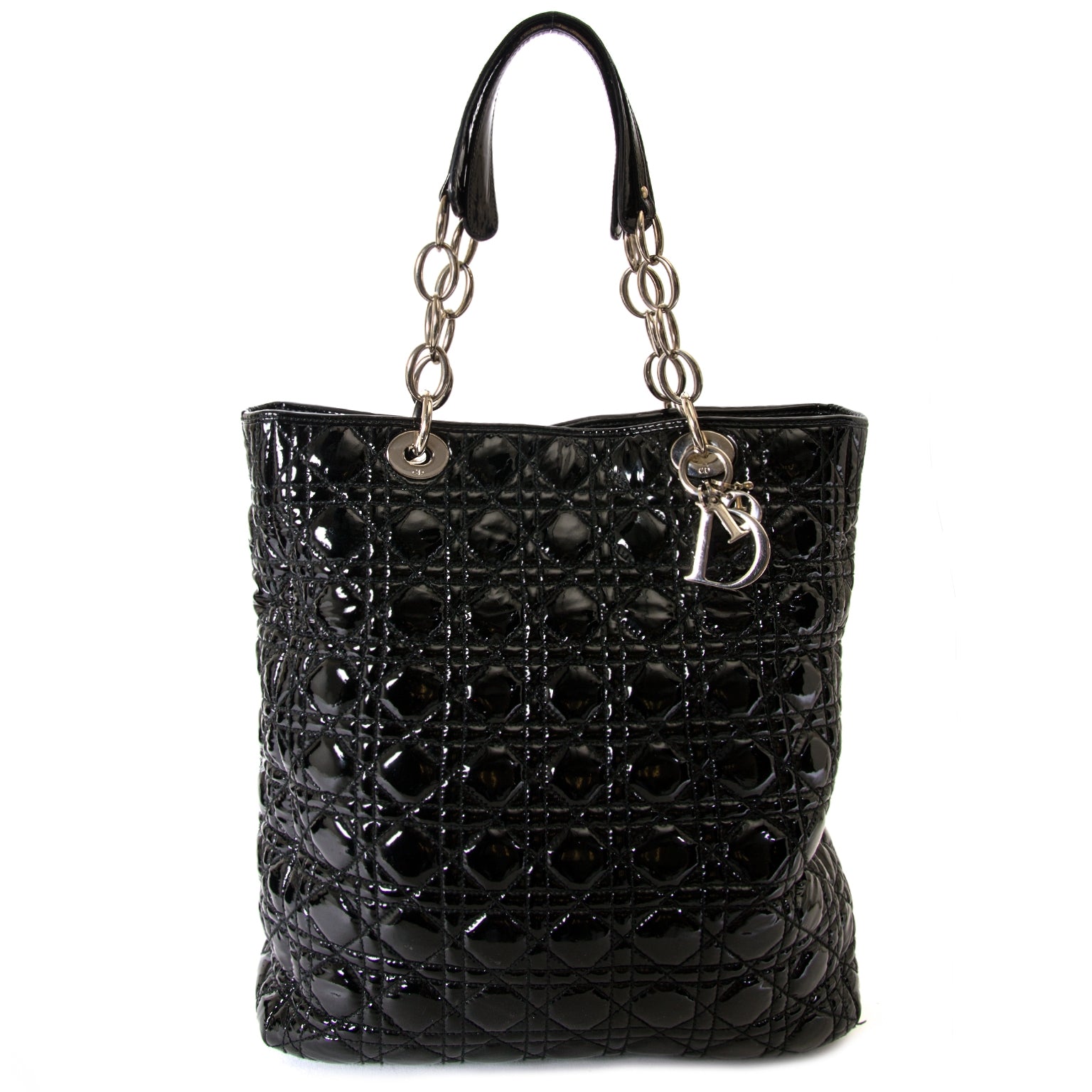 Christian Dior Black Patent Cannage Tote te koop bij Labellov tweedehands designer handtassen