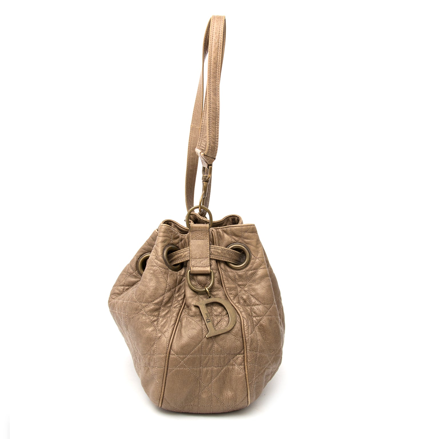 Buy an authentic Christian Dior Bronze Cannage Drawstring Bag safe online.