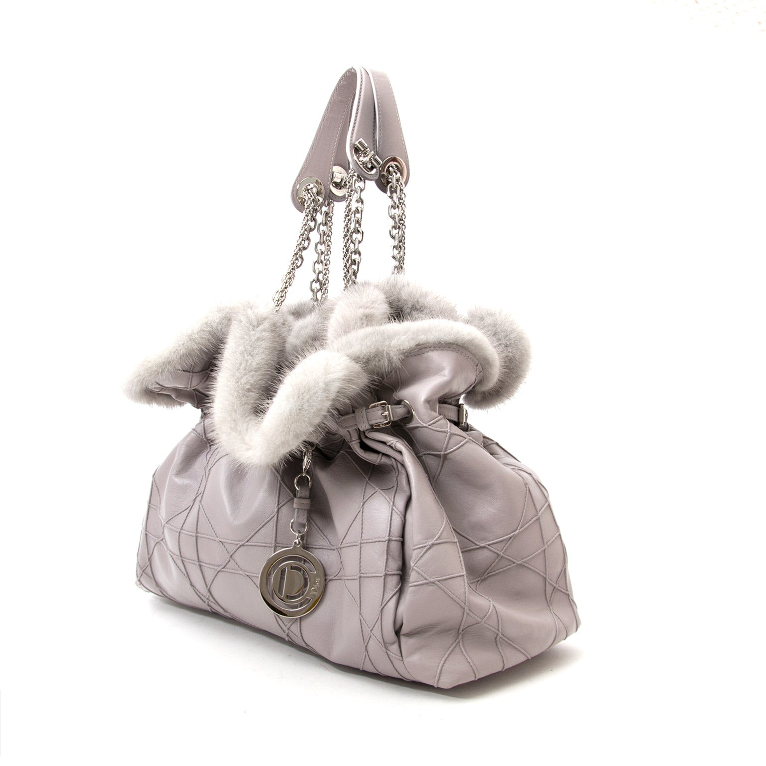 shop safe online at the best price secondhand designer Christian Dior Grey Shoulder Bag with Fur at the best price