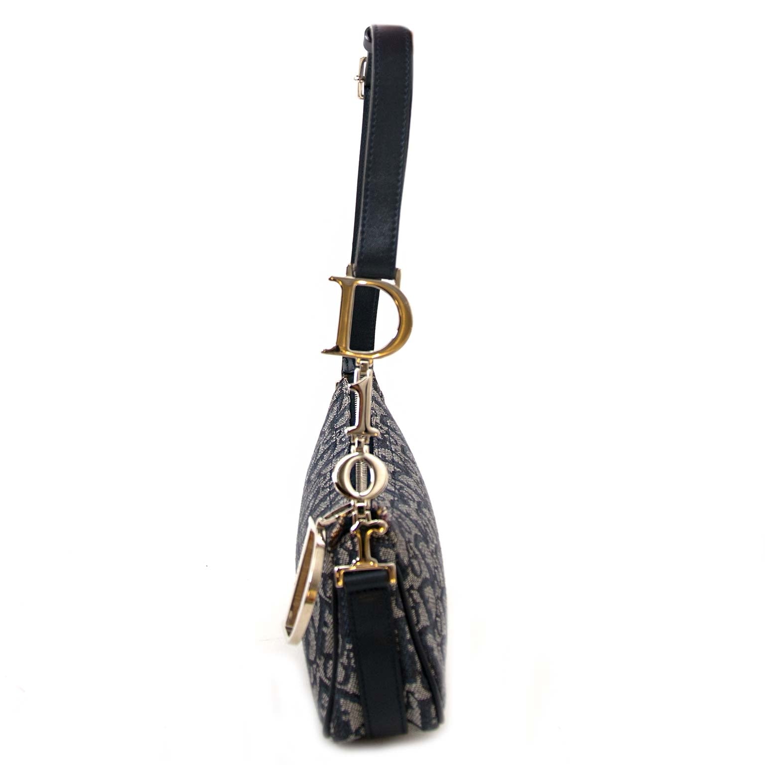 acheter en ligne seconde main Christian Dior Navy Monogram Denim Charm Pochette Bag