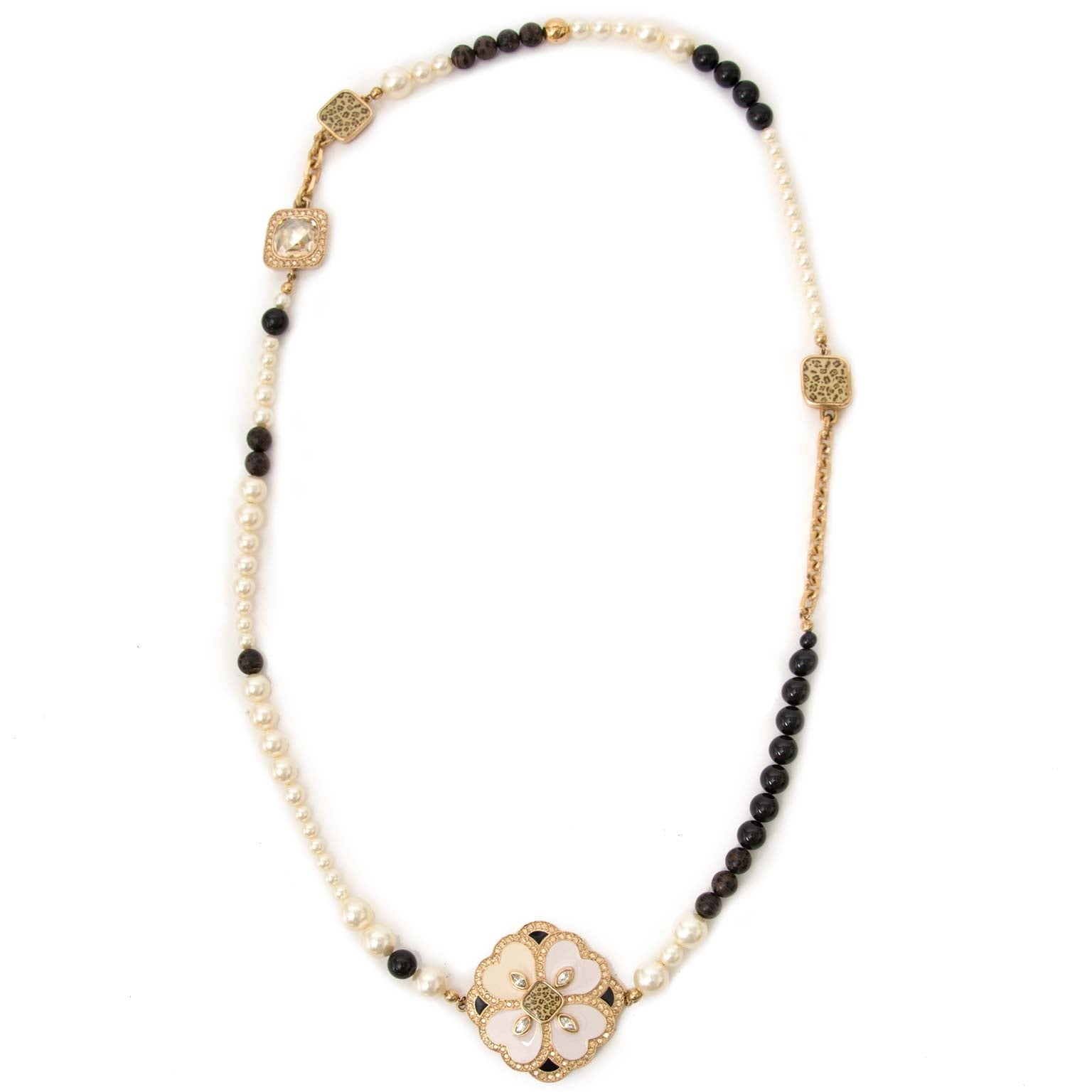 koop veilig online tegen de beste prijs Dior Faux Pearl and Leopard Crystal Flower Necklace
