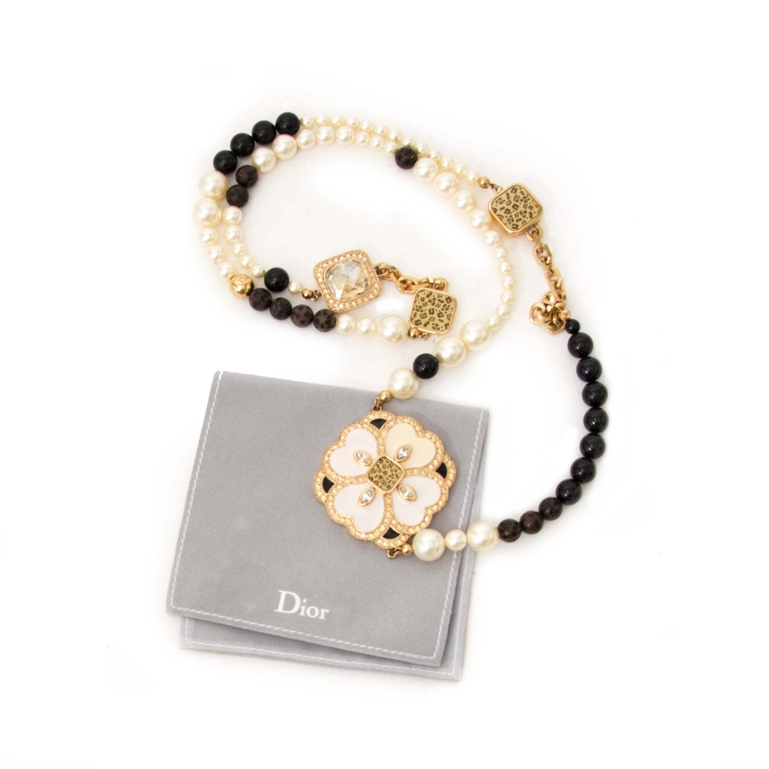 acheter en ligne seconde main Dior Faux Pearl and Leopard Crystal Flower Necklace