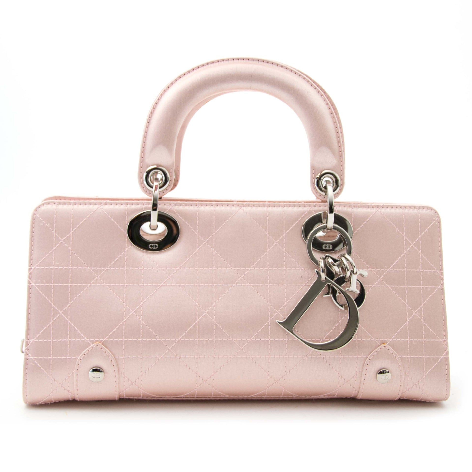 Dior Lady Dior East West Pink Satin Handbag available online at Labellov