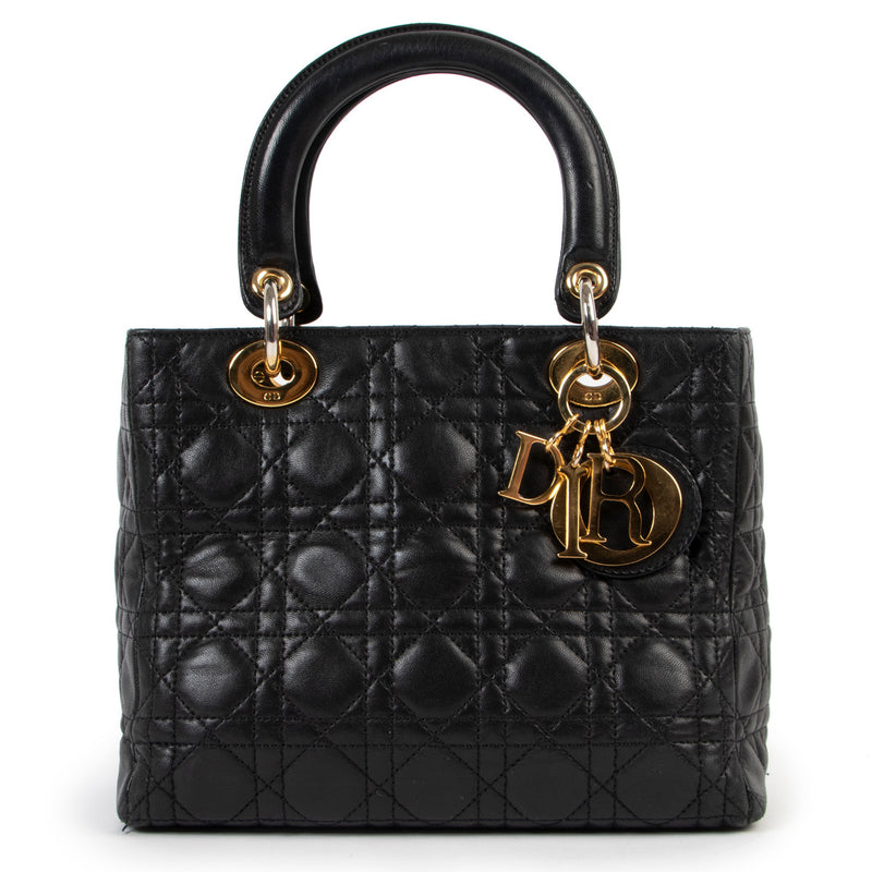 Christian Dior Black Leather Lady Dior Top Handle for the best price at Labellov secondhand luxury in Antwerp