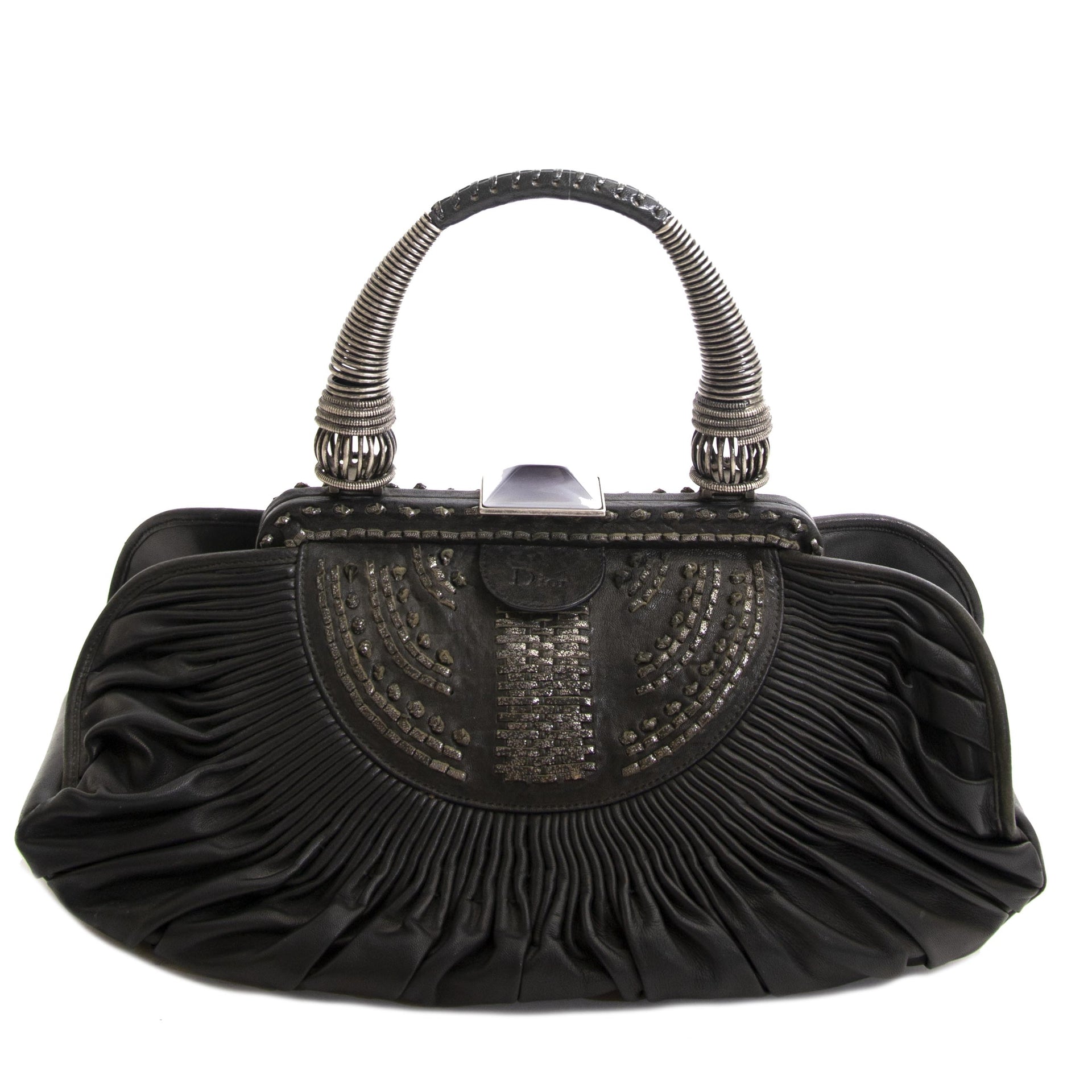 shop safe online secondhand Christian Dior Black Pleated Lambskin Leather Plisse Basket Bag