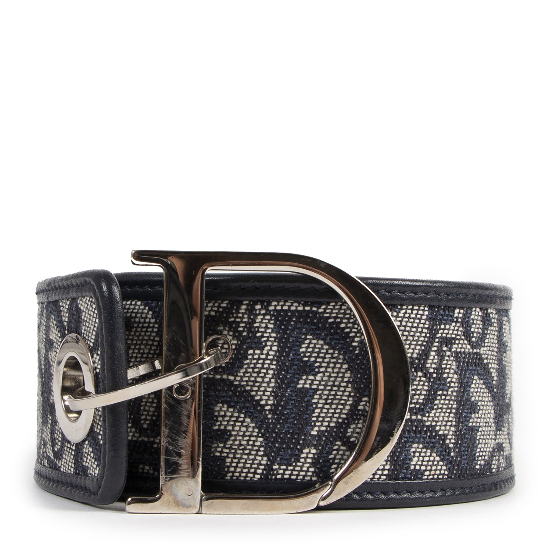 Christian Dior Navy Monogram Canvas D Buckle Leather Belt - Size 90