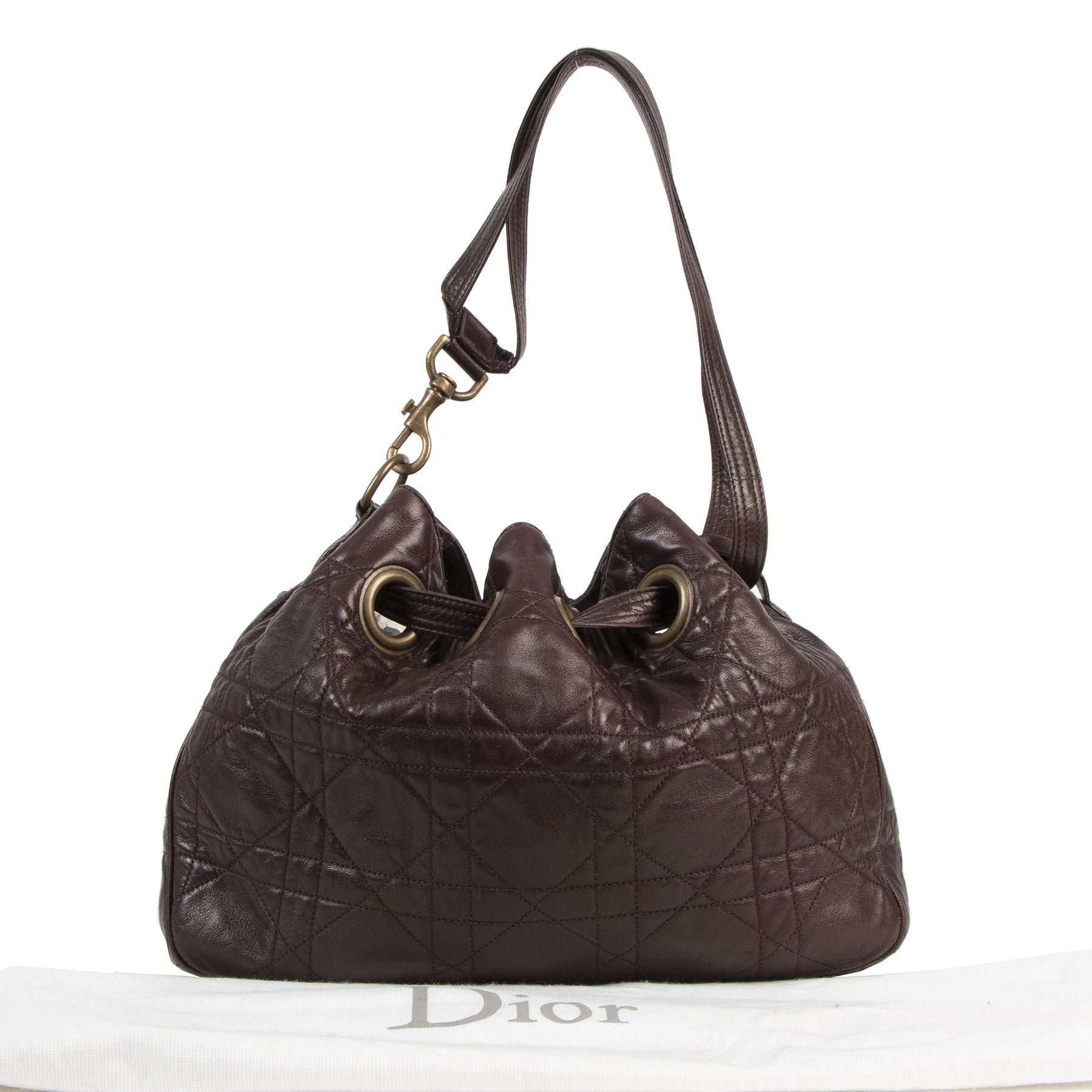 Authentique seconde-main vintage Christian Dior Dark Brown Cannage Bucket Bag achète en ligne webshop LabelLOV Belgique