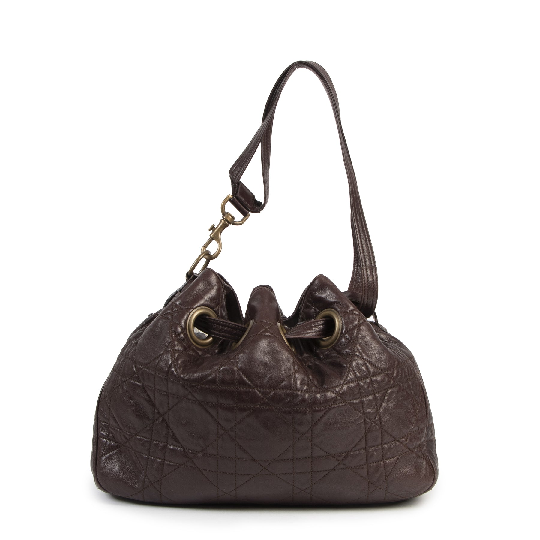 Authentieke Tweedehands Christian Dior Dark Brown Cannage Bucket Bag juiste prijs veilig online shoppen luxe merken webshop winkelen Antwerpen België mode fashion