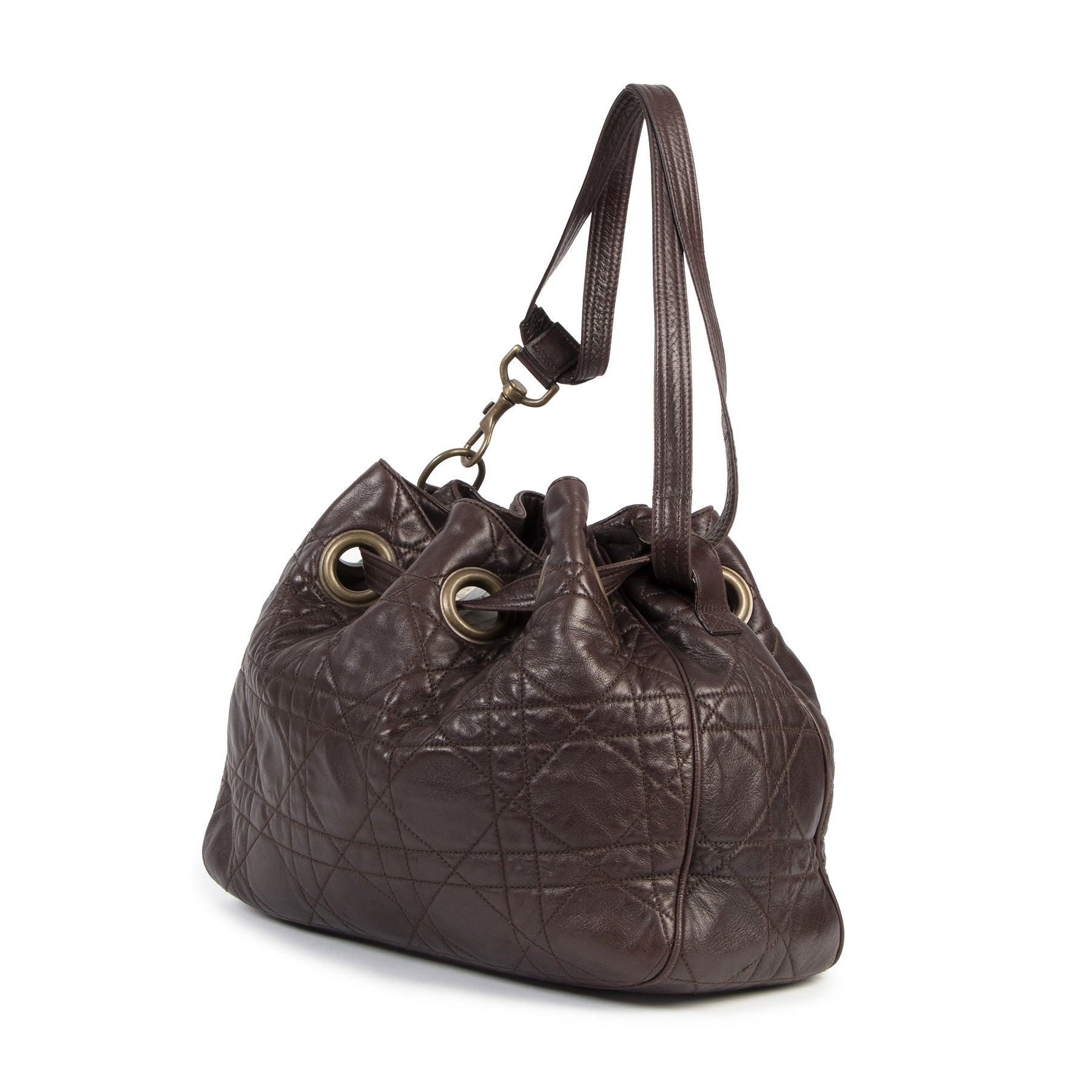 Authentieke Tweedehands Christian Dior Dark Brown Cannage Bucket Bag juiste prijs veilig online shoppen luxe merken webshop winkelen Antwerpen België mode fashion