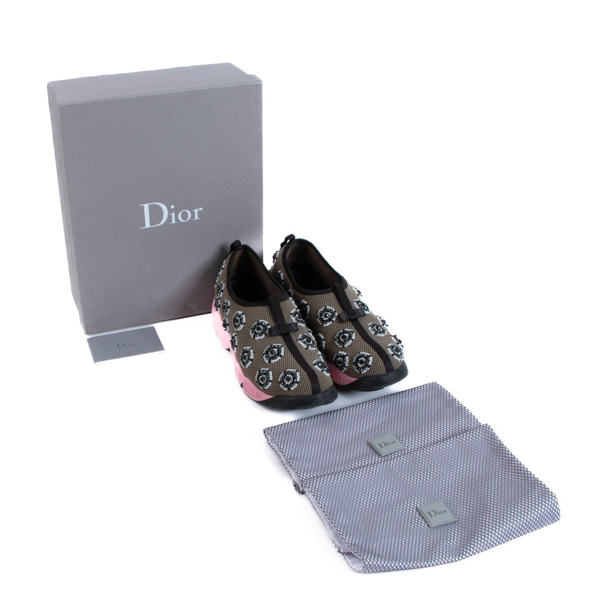Christian Dior Fushion Khaki Mesh Embroidered Rose Sneakers