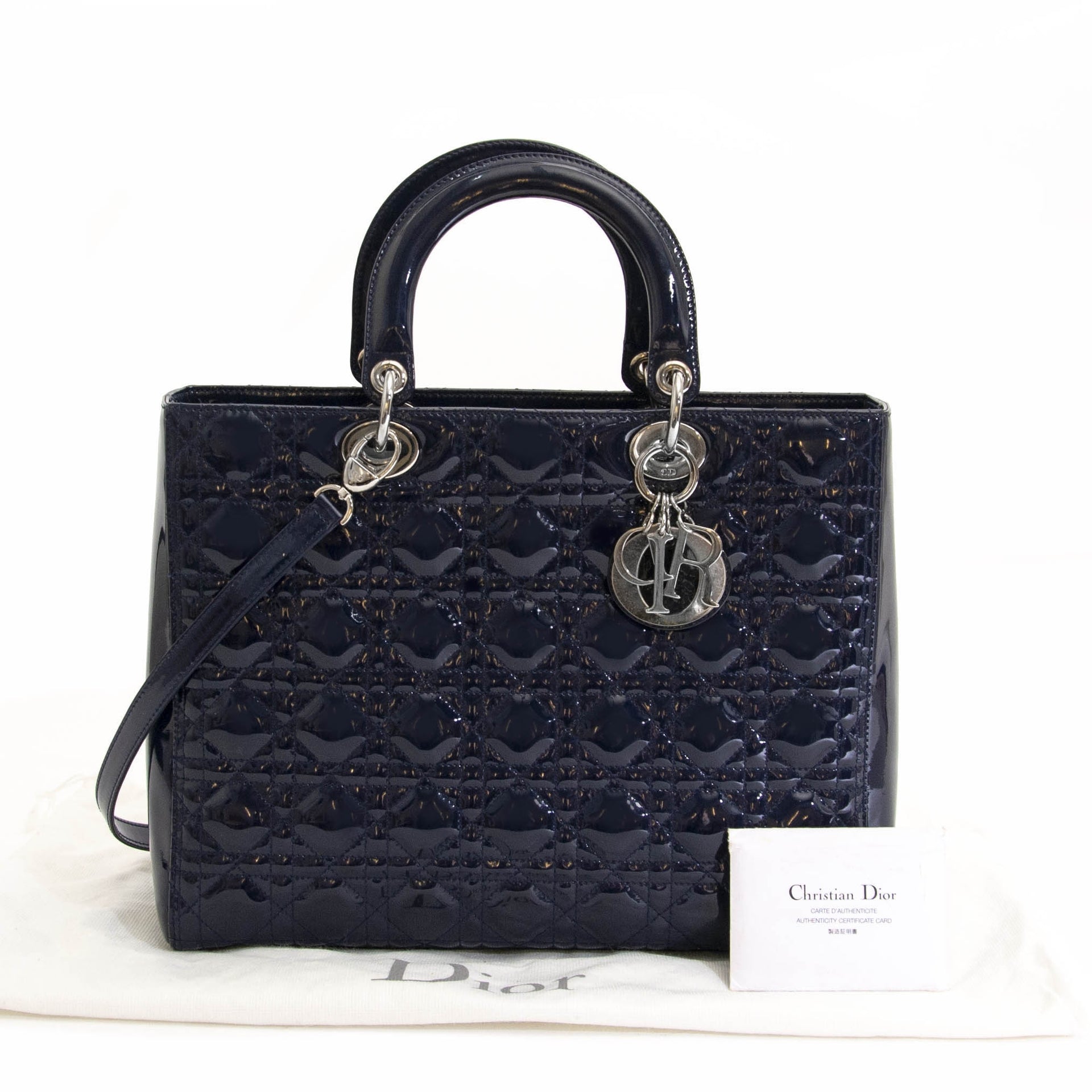Koop en verkoop authentieke luxe handtassen en accessoires Christian Dior Lady Dior Patent Blue Large