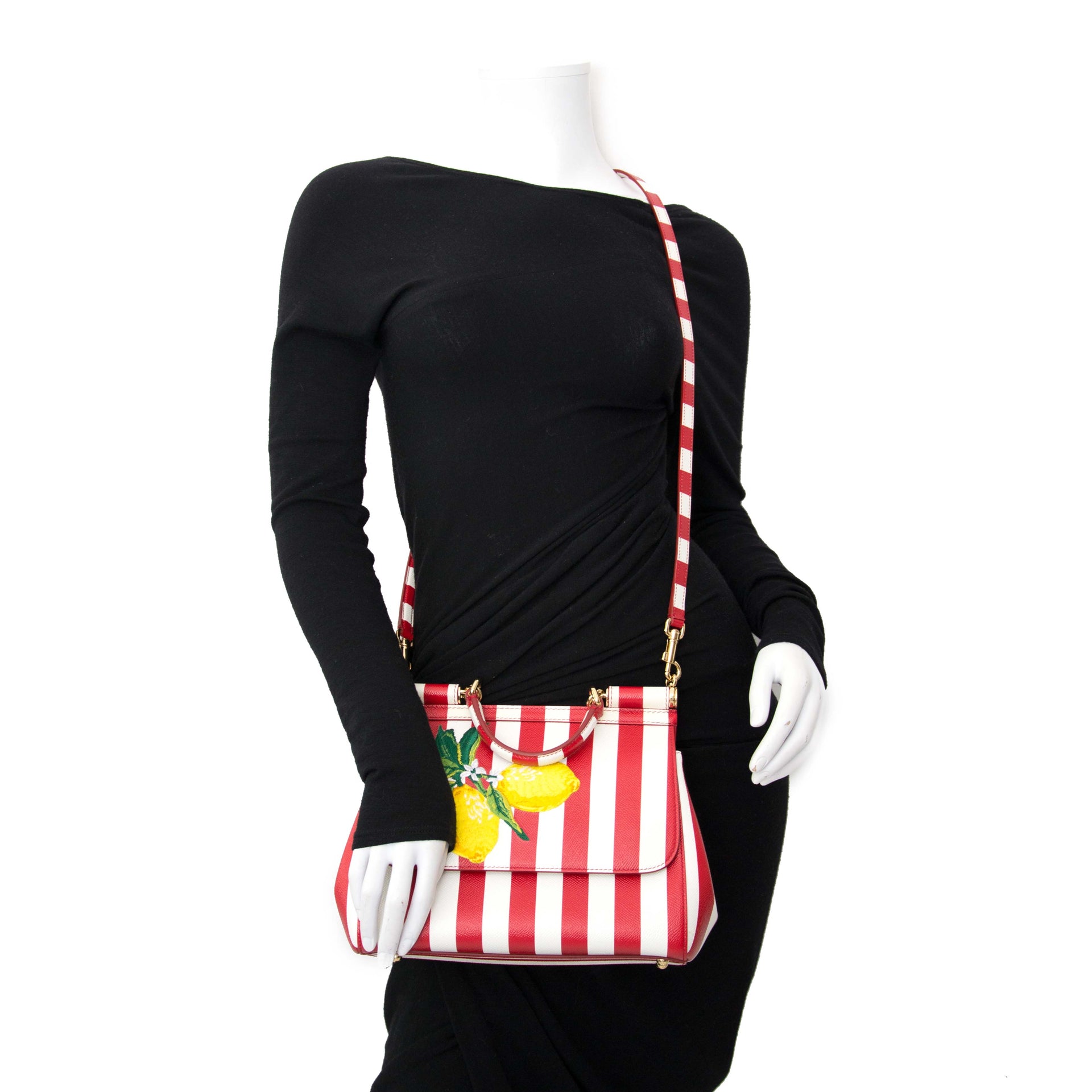 koop veilig online aan de beste prijs Dolce & Gabbana Red and White Striped Lemons Miss Sicily Bag