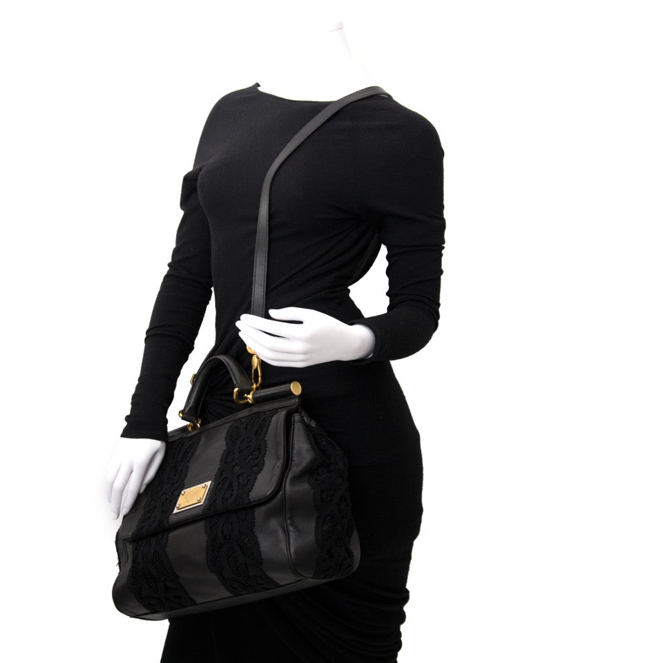 buy safe online second hand designer Dolce & Gabbana Black Sicily Lace Bag best price
