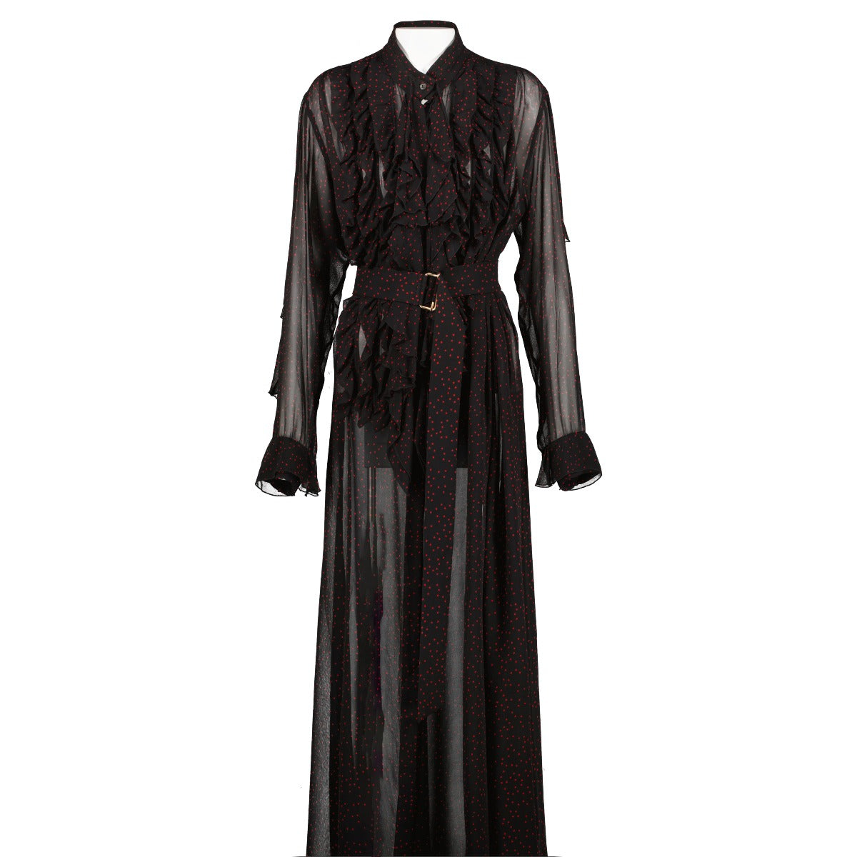 Dries Van Noten Red Star Black Sheer Ruffle Shirt Dress
