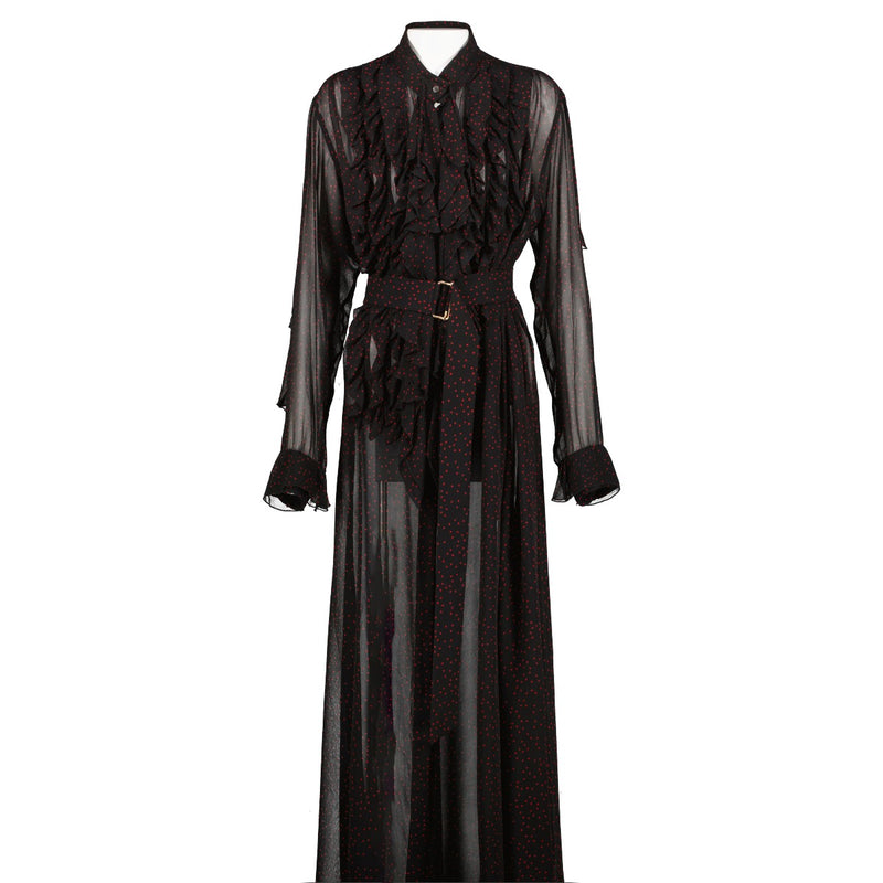 Dries Van Noten Red Star Black Sheer Ruffle Shirt Dress